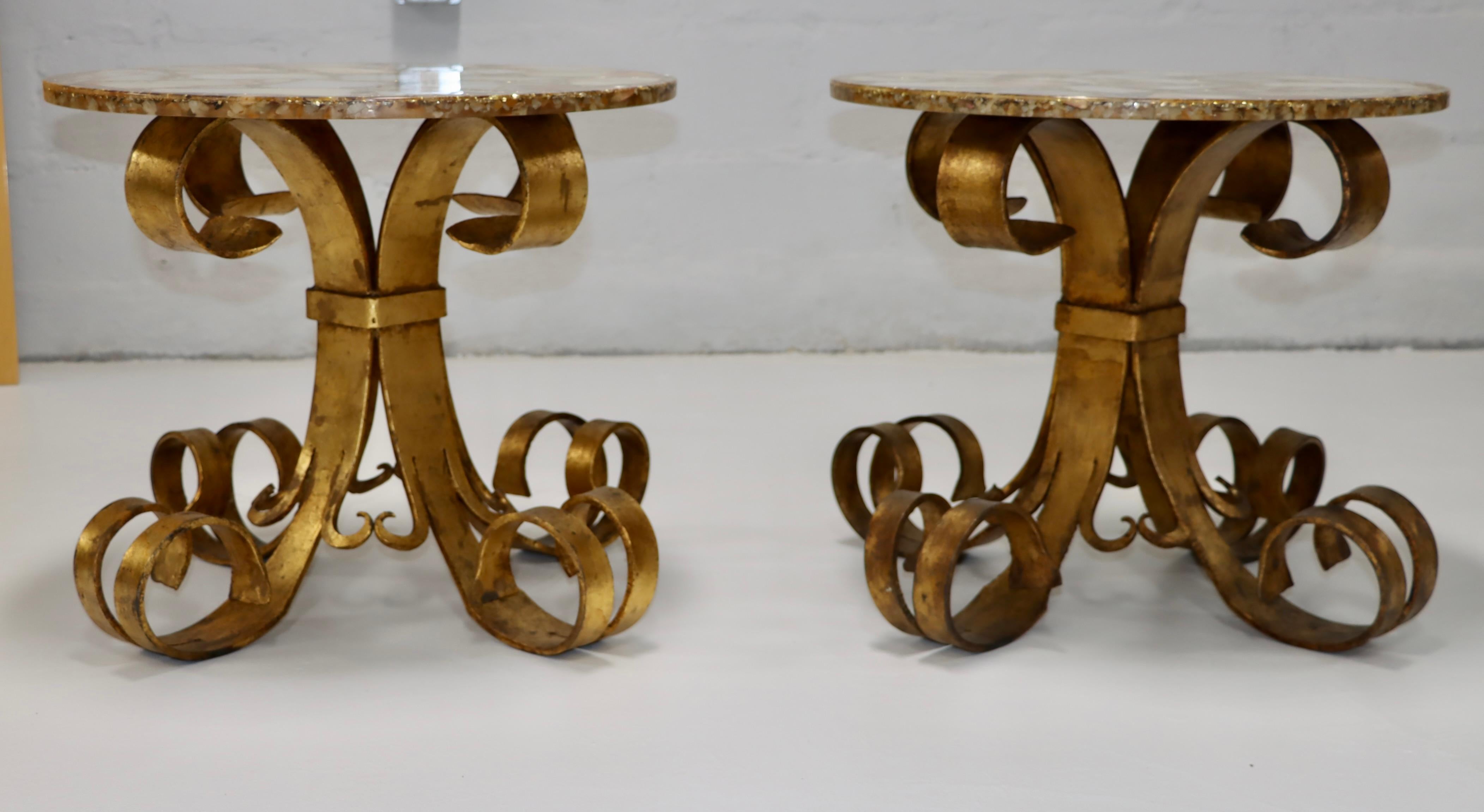 20th Century 1950s Scrolled Gilt Iron French Side Tables With Onyx Resin Tops  For Sale