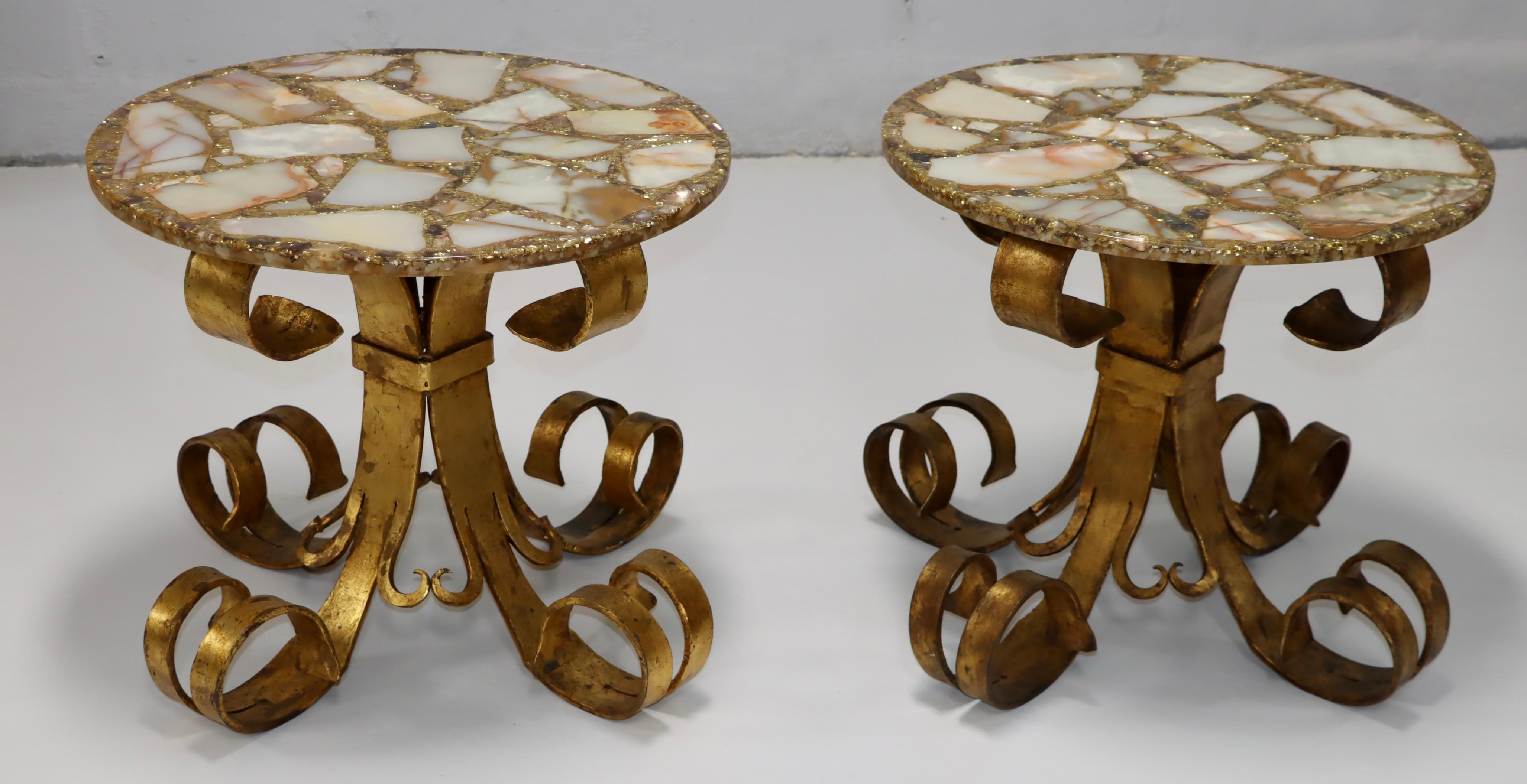 Gold 1950s Scrolled Gilt Iron French Side Tables With Onyx Resin Tops  For Sale