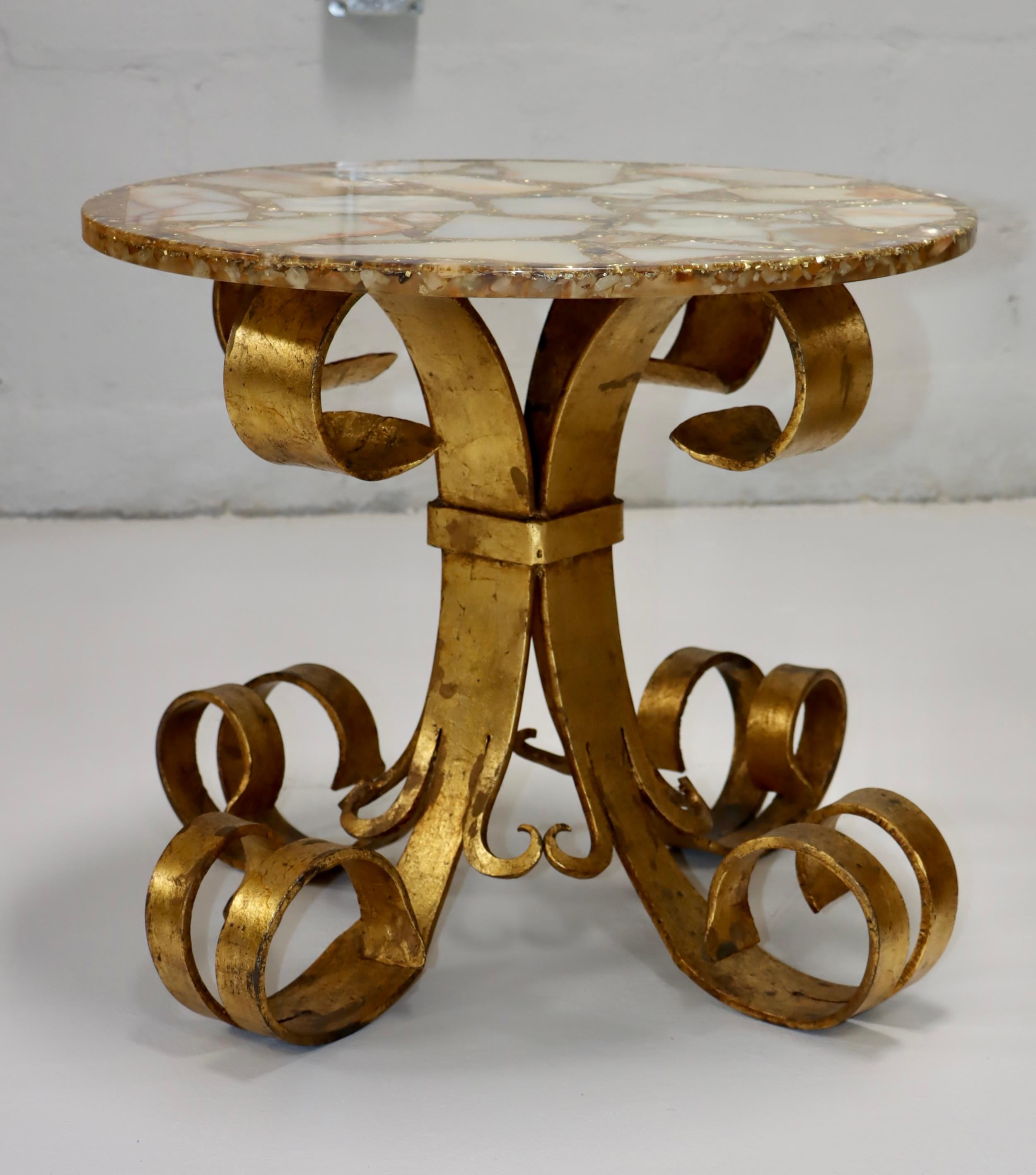 1950s Scrolled Gilt Iron French Side Tables With Onyx Resin Tops  For Sale 1