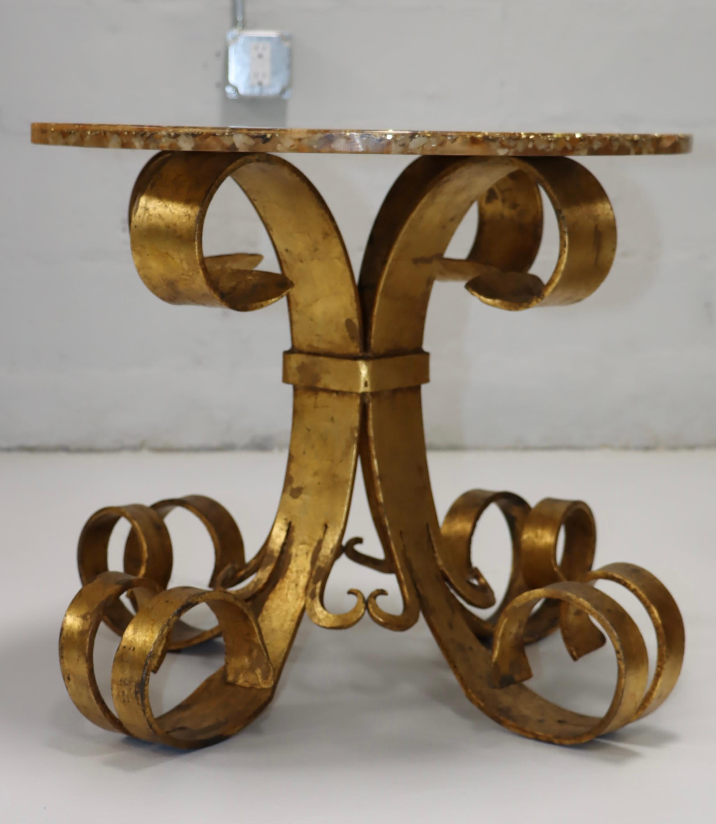 1950s Scrolled Gilt Iron French Side Tables With Onyx Resin Tops  For Sale 2
