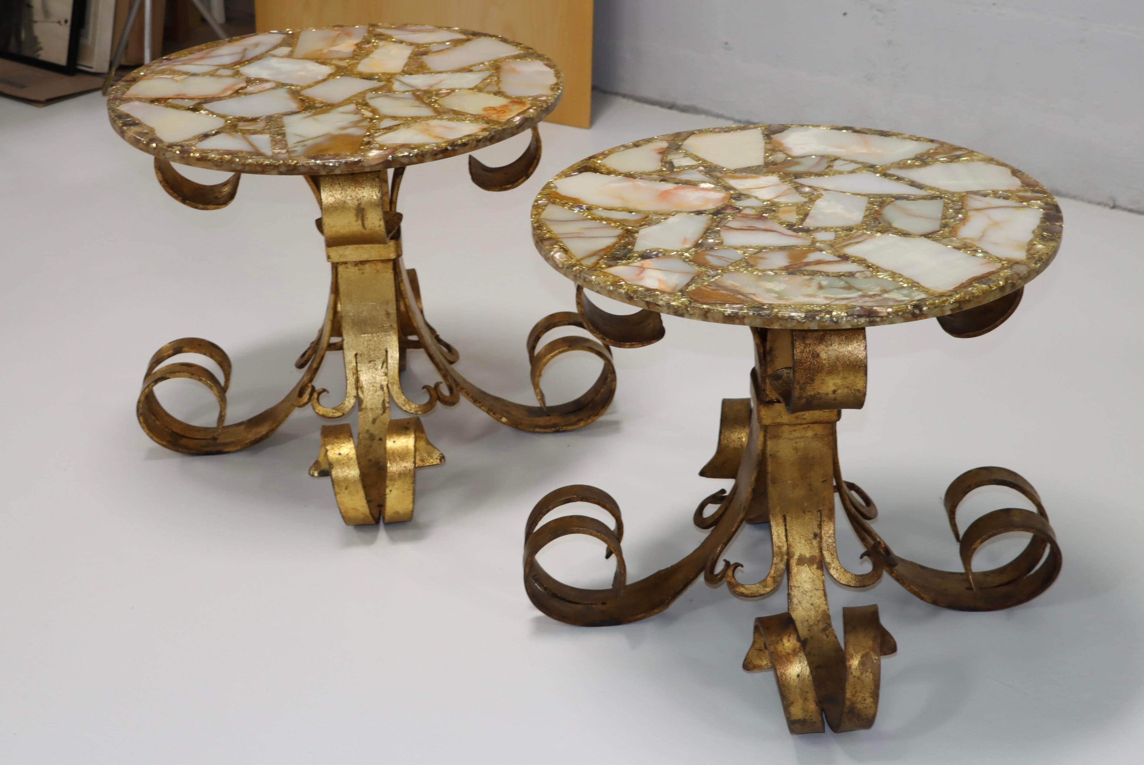 1950s Scrolled Gilt Iron French Side Tables With Onyx Resin Tops  For Sale 3