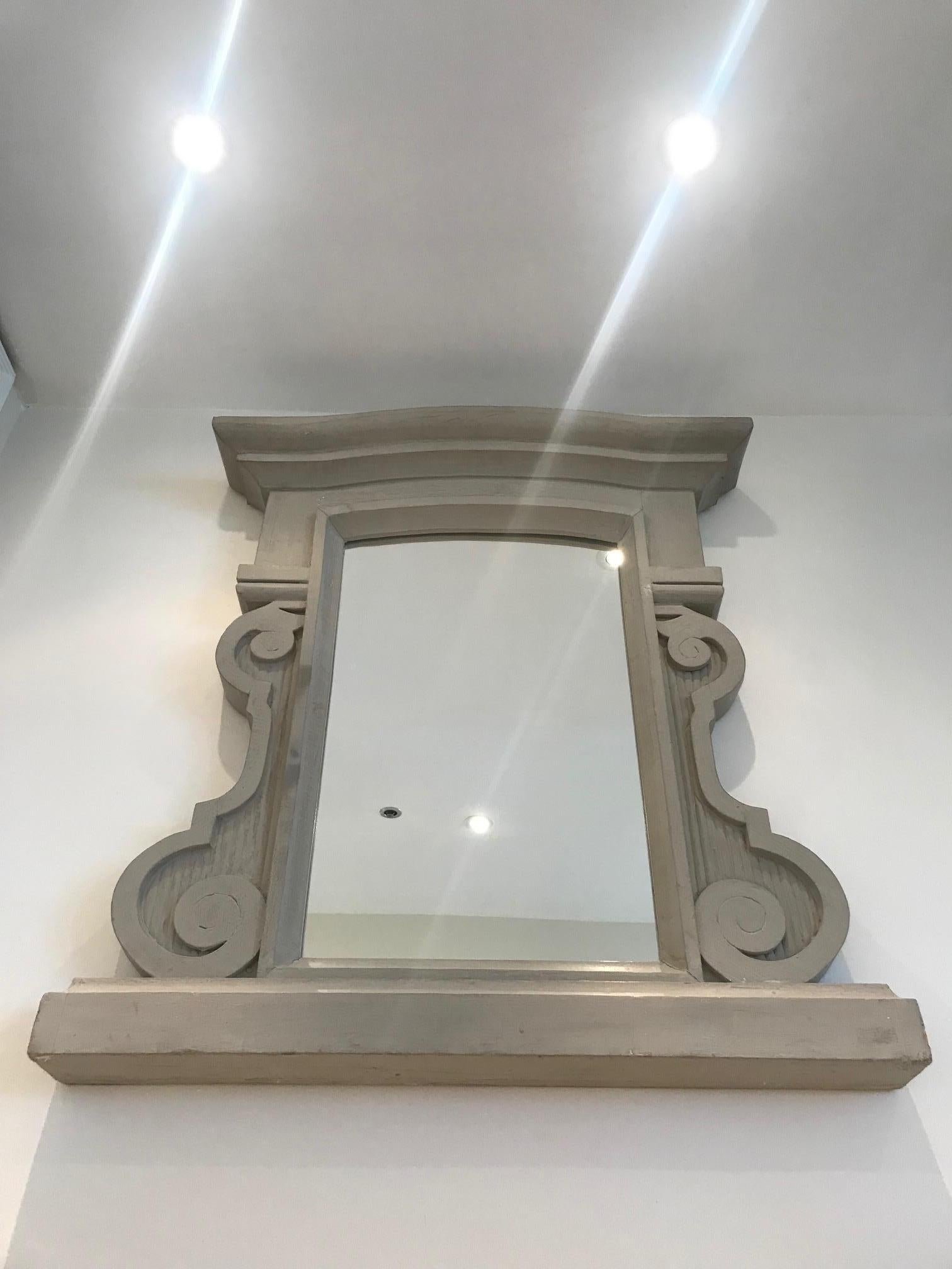 Hollywood Regency Architectural Scrolled Wood Mirror with Distressed Finish, France c. 1950's