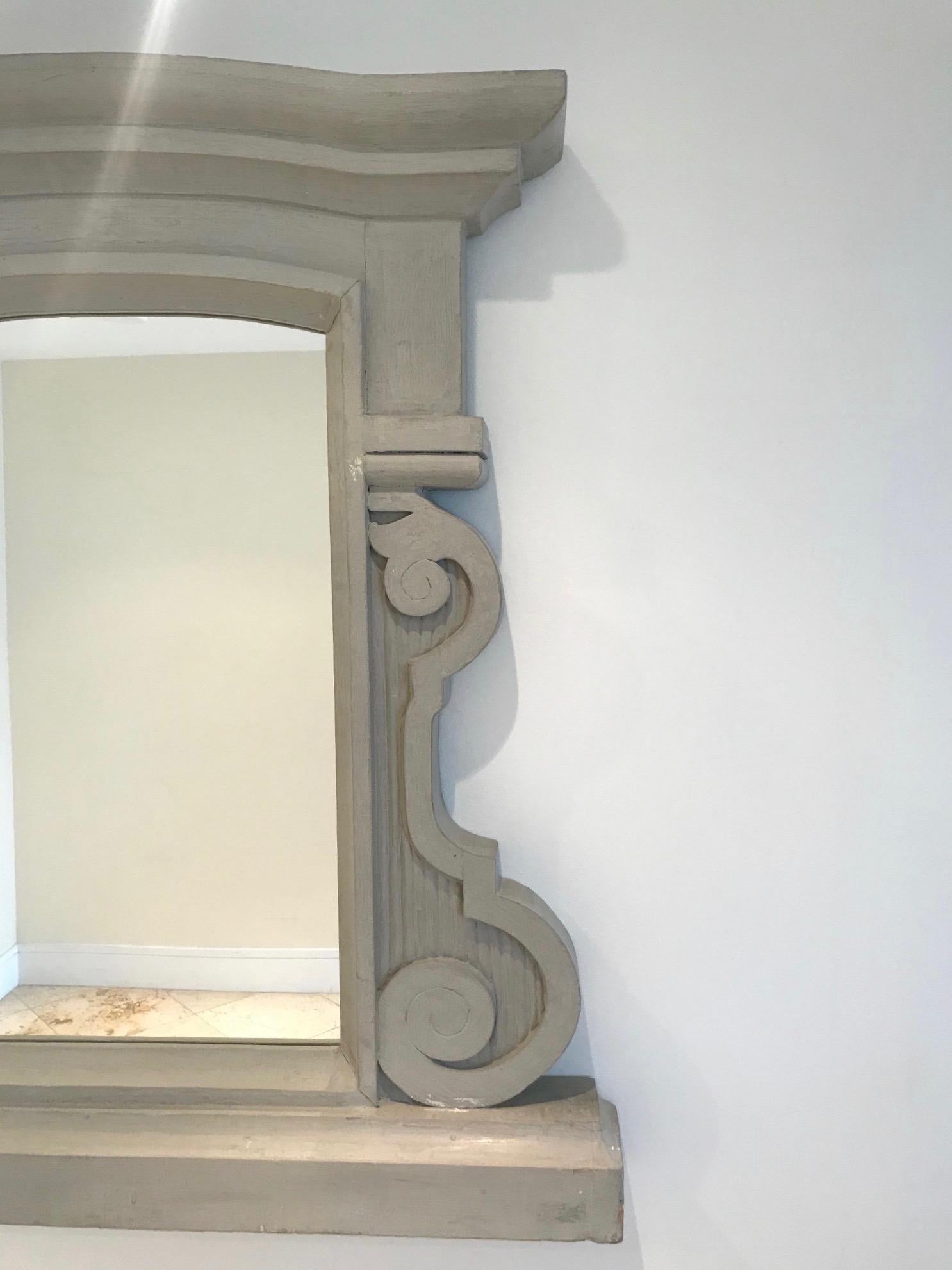 French Architectural Scrolled Wood Mirror with Distressed Finish, France c. 1950's