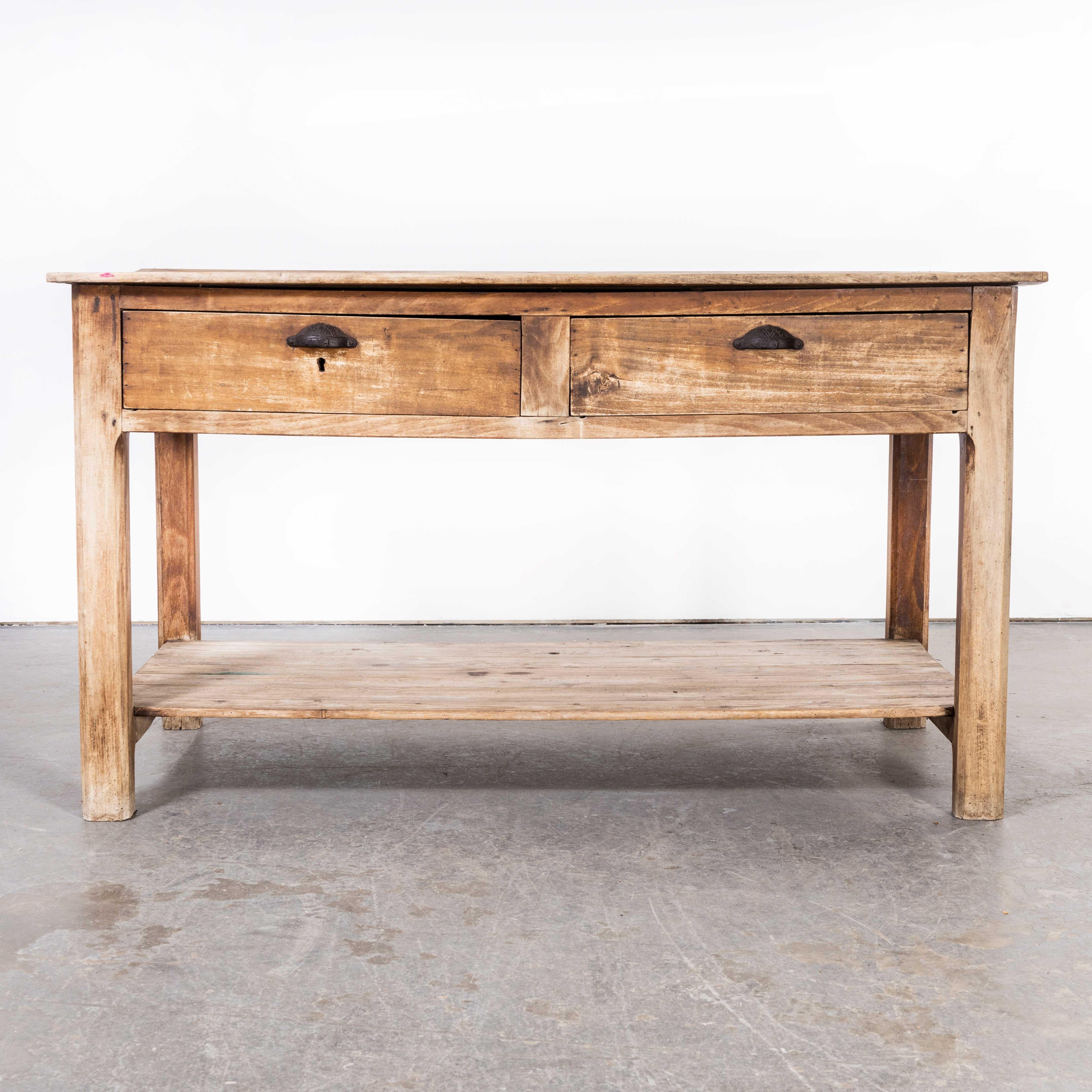 1950’s Scubbed Pine French Console Table
1950’s Scrubbed Pine French Console Table. Superb practical French console table with two large drawers. The table is made from pitch pine and features two good size drawers (66L x 56W x 13D) with the