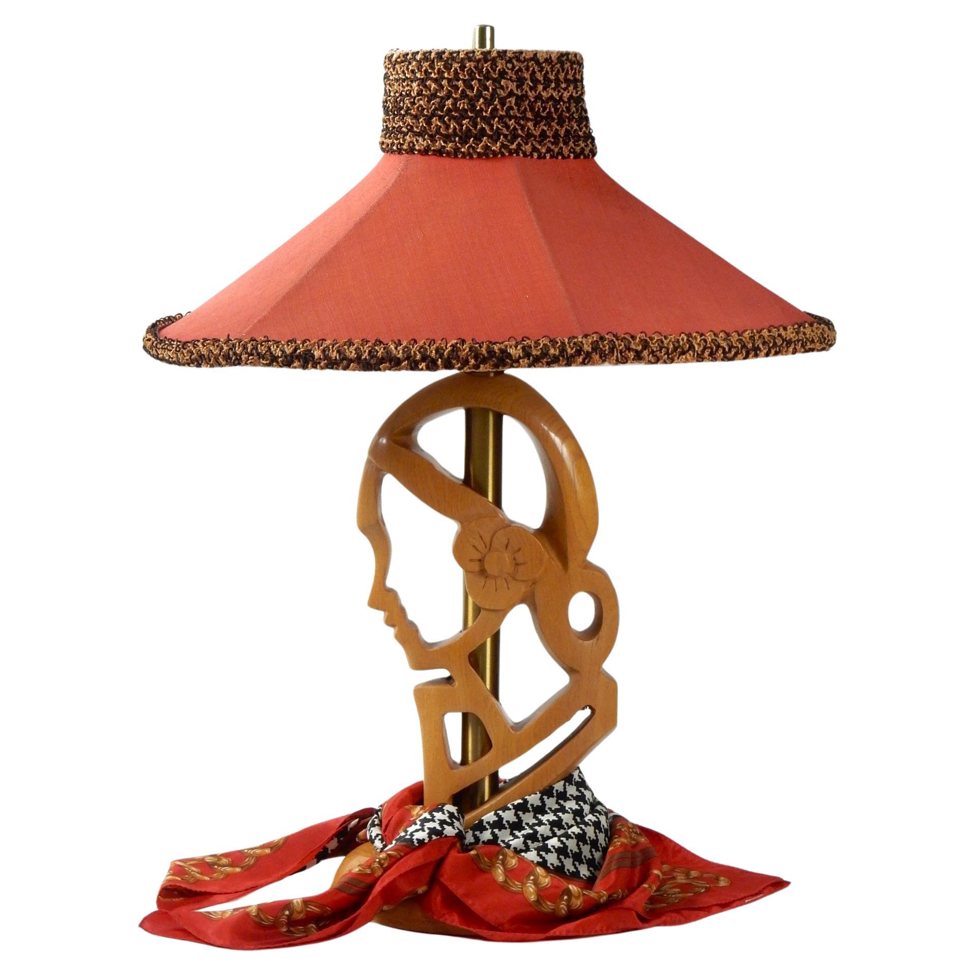 1950's Sculpted Oak Feminine Profile Table Lamp Hat Shade after Yasha Heifetz For Sale 5