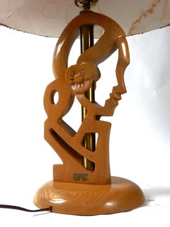 1950's Sculpted Oak Feminine Profile Table Lamp Hat Shade after Yasha Heifetz