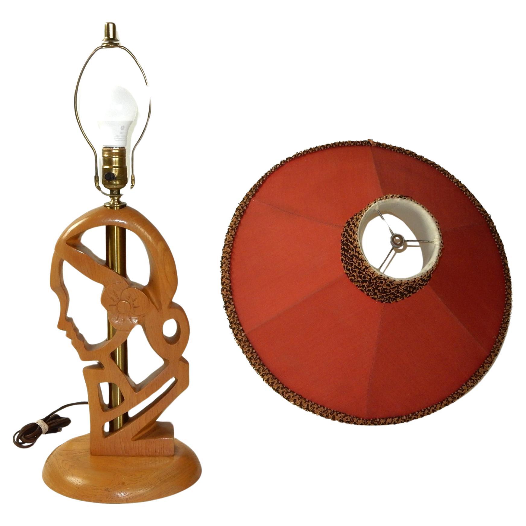 American 1950's Sculpted Oak Feminine Profile Table Lamp Hat Shade after Yasha Heifetz For Sale
