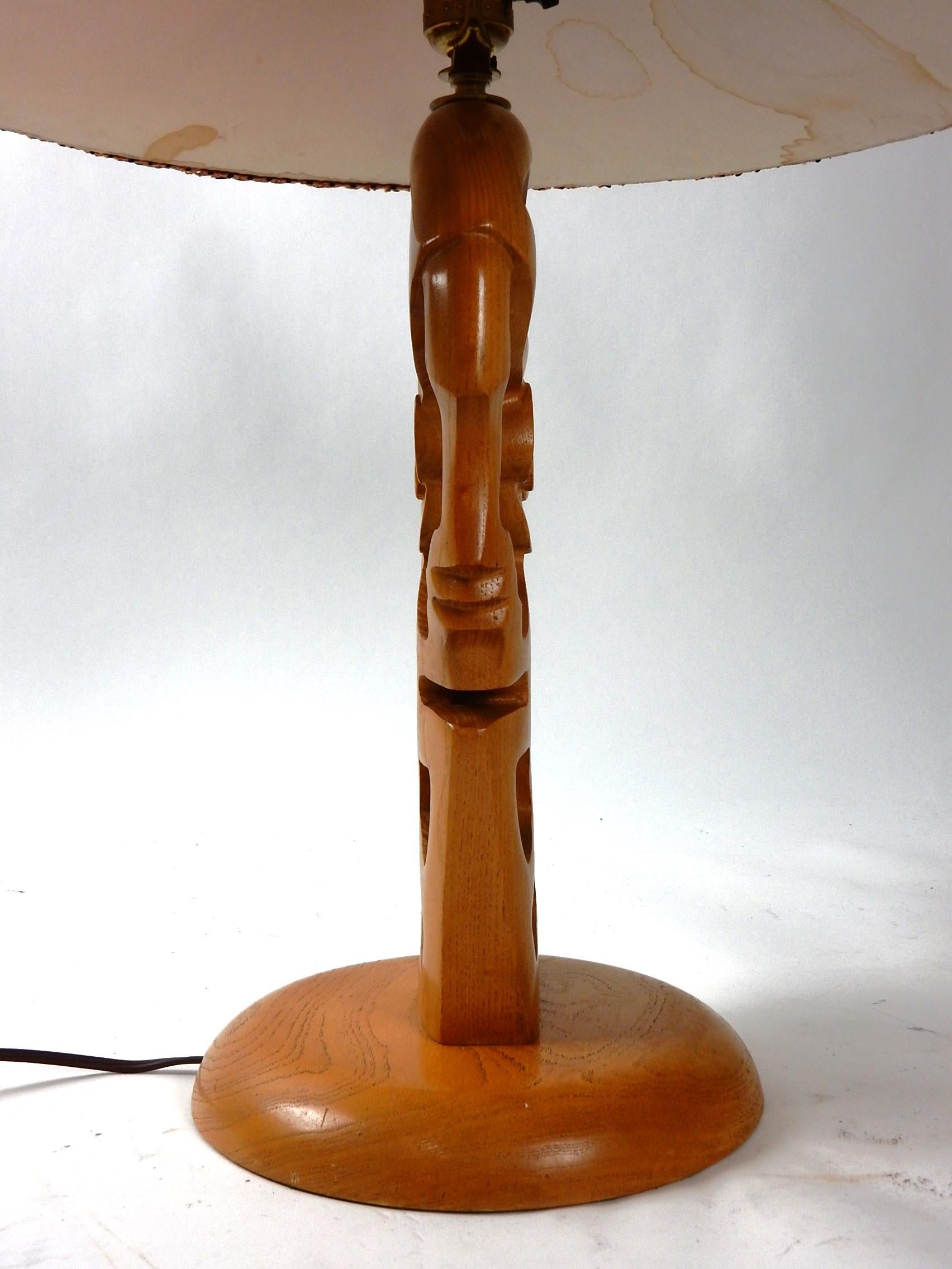 Brass 1950's Sculpted Oak Feminine Profile Table Lamp Hat Shade after Yasha Heifetz For Sale