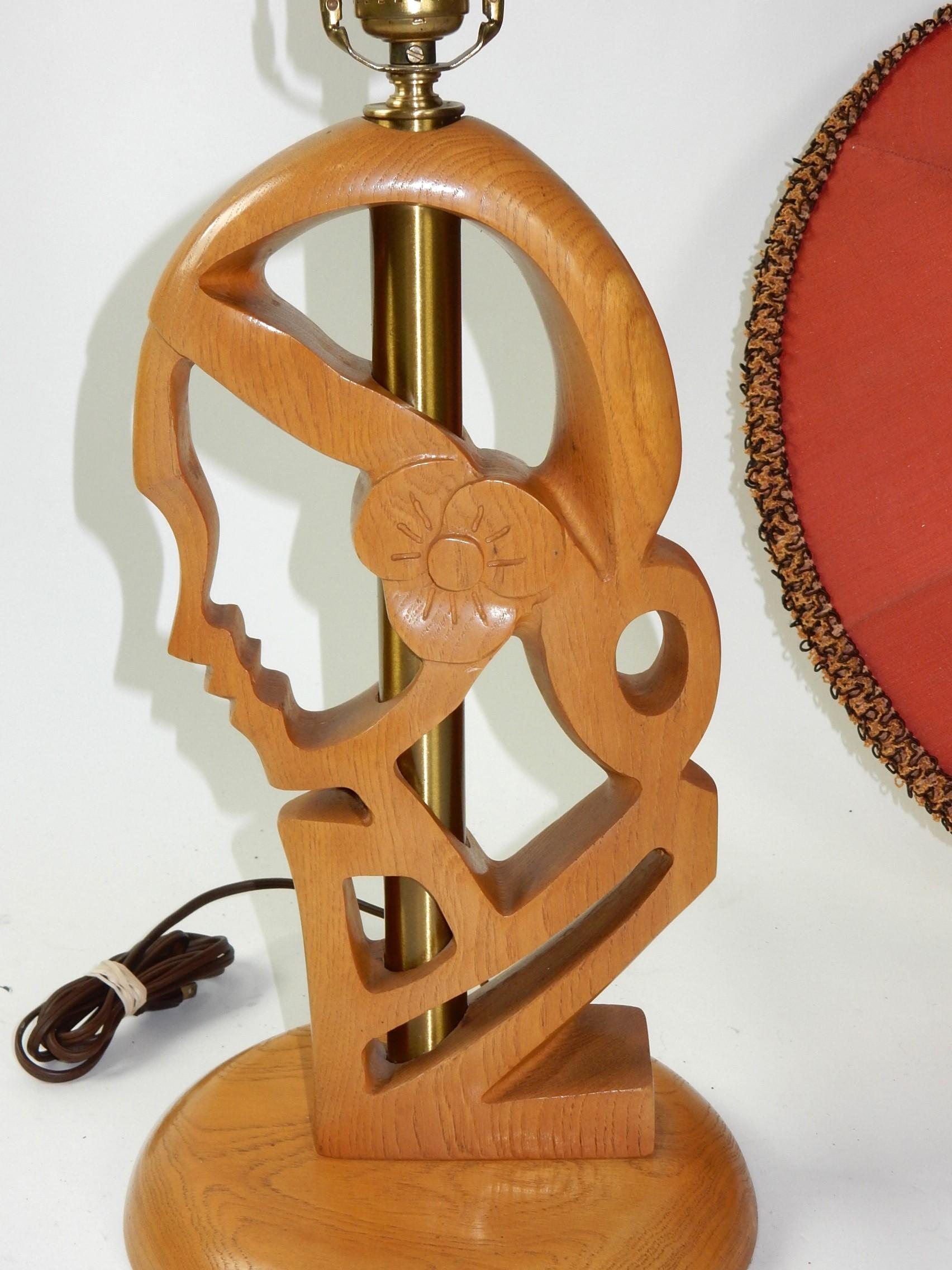 1950's Sculpted Oak Feminine Profile Table Lamp Hat Shade after Yasha Heifetz For Sale 1
