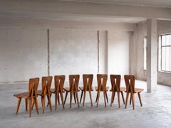 1950s Sculptural French Chalet Set of Eight Carved Chairs in Solid Pine