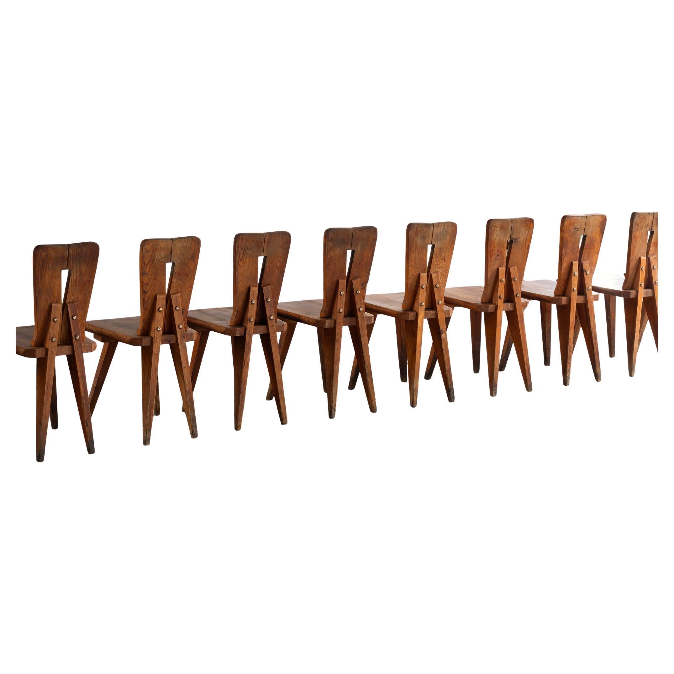 1950s Sculptural French Chalet Set of Eight Carved Chairs in Solid Pine