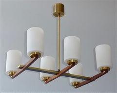 1950s Sculptural Kaiser 6 Light Chandelier Teak Brass White Glass Stilnovo Style