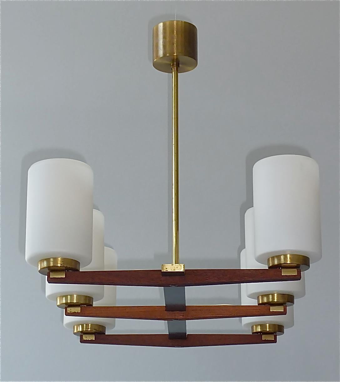 Mid-Century Modern 1950s Sculptural Kaiser 6 Light Chandelier Teak Brass White Glass Stilnovo Style For Sale