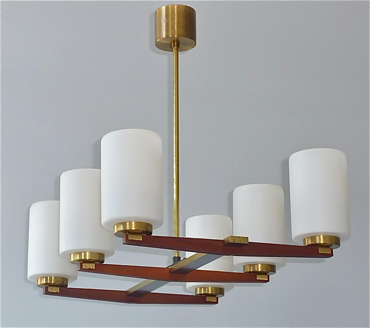 Patinated 1950s Sculptural Kaiser 6 Light Chandelier Teak Brass White Glass Stilnovo Style For Sale