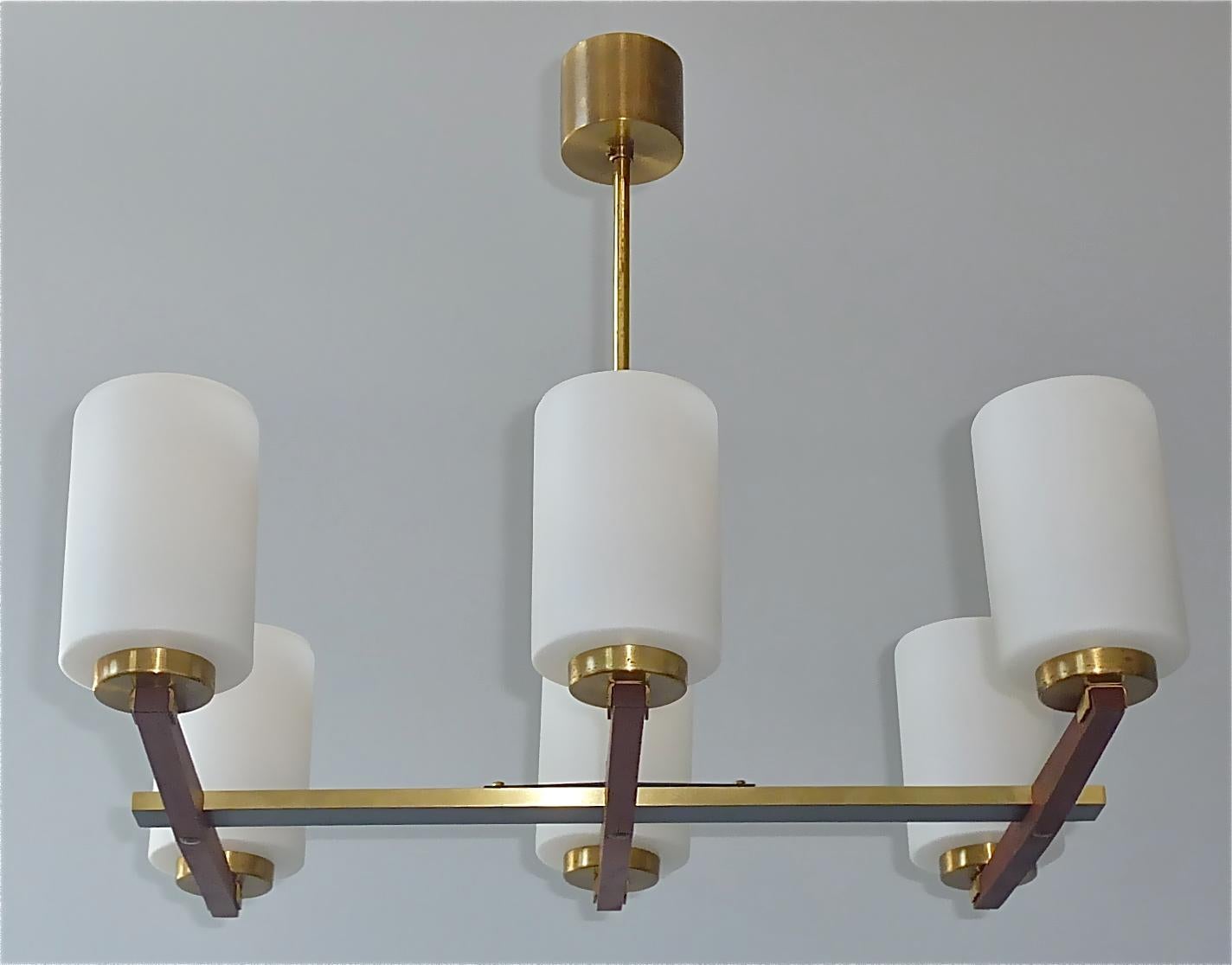 Metal 1950s Sculptural Kaiser 6 Light Chandelier Teak Brass White Glass Stilnovo Style For Sale