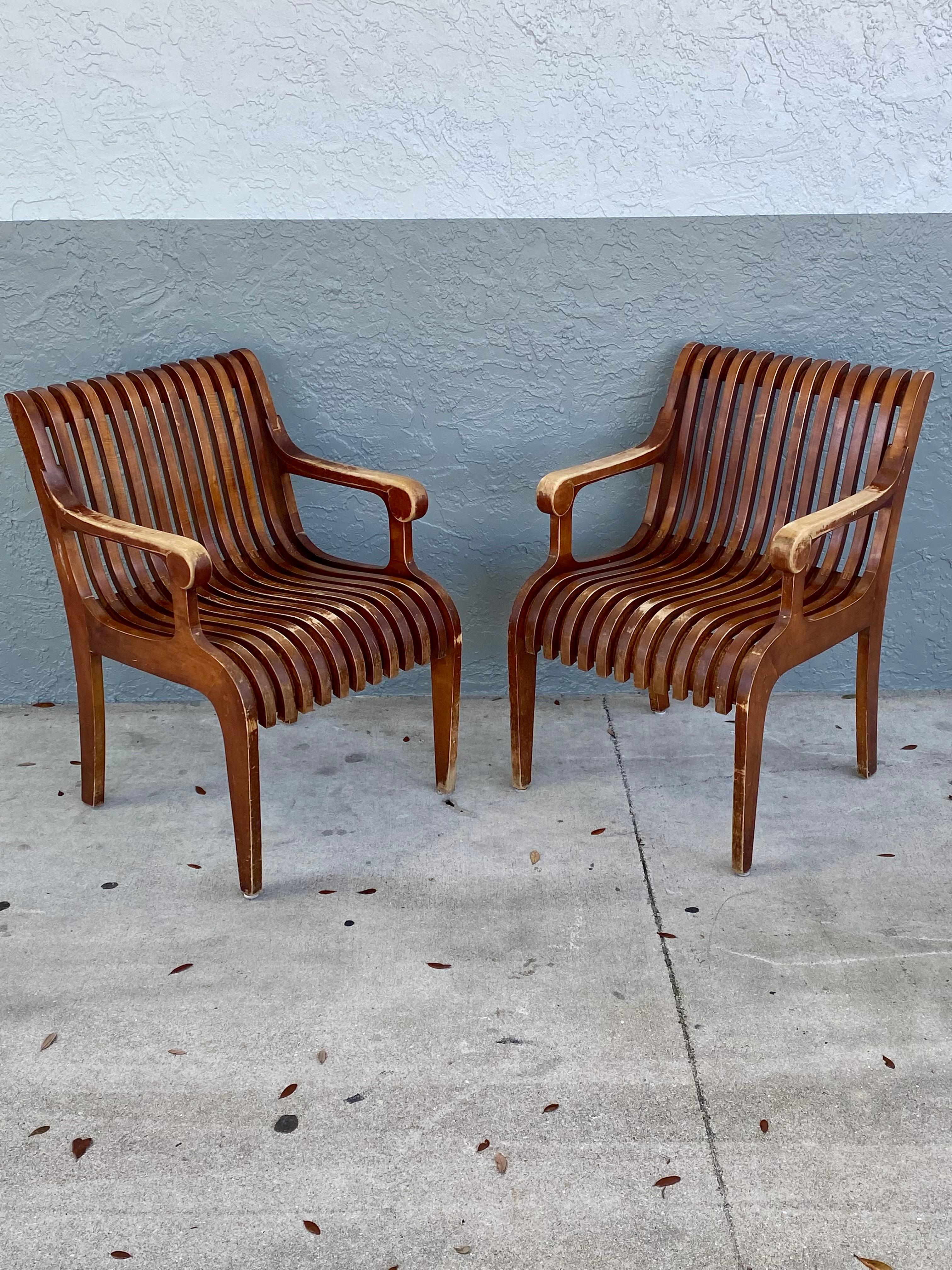 Mid-Century Modern 1950s Sculptural Teak Curved Slatted Bentwood Scroll Armchairs, Set of 2 For Sale