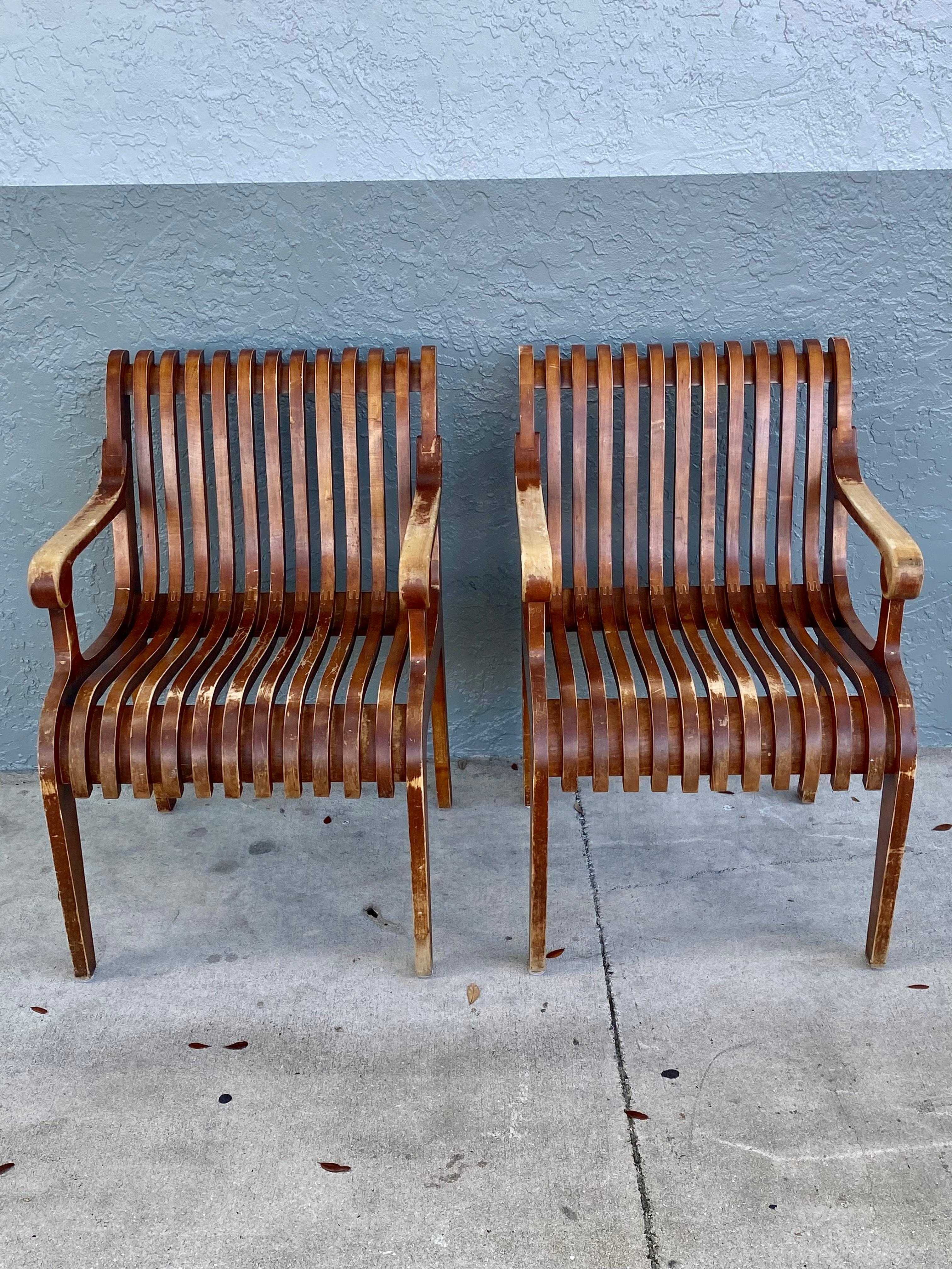 American 1950s Sculptural Teak Curved Slatted Bentwood Scroll Armchairs, Set of 2 For Sale