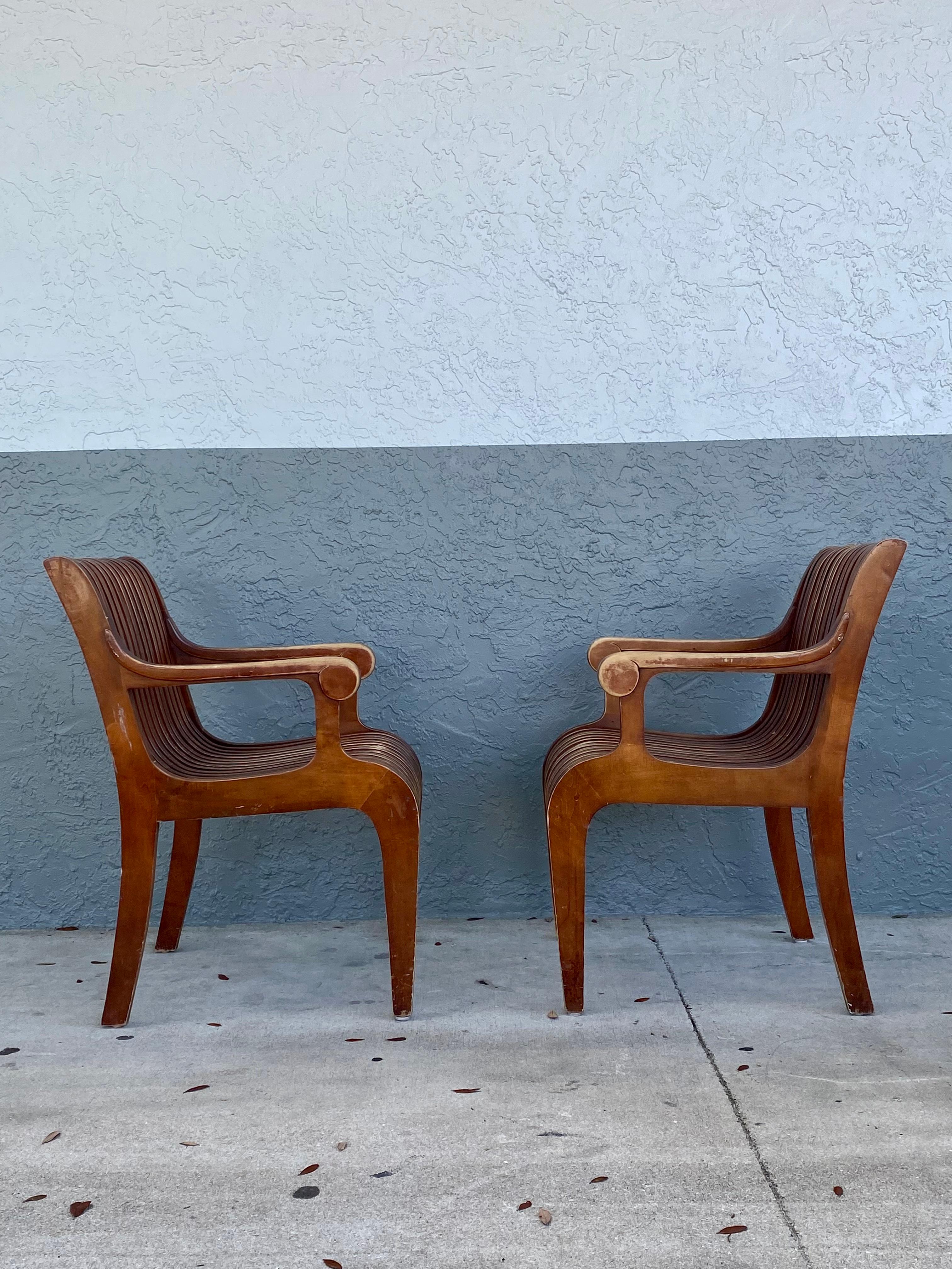 1950s Sculptural Teak Curved Slatted Bentwood Scroll Armchairs, Set of 2 In Good Condition For Sale In Fort Lauderdale, FL
