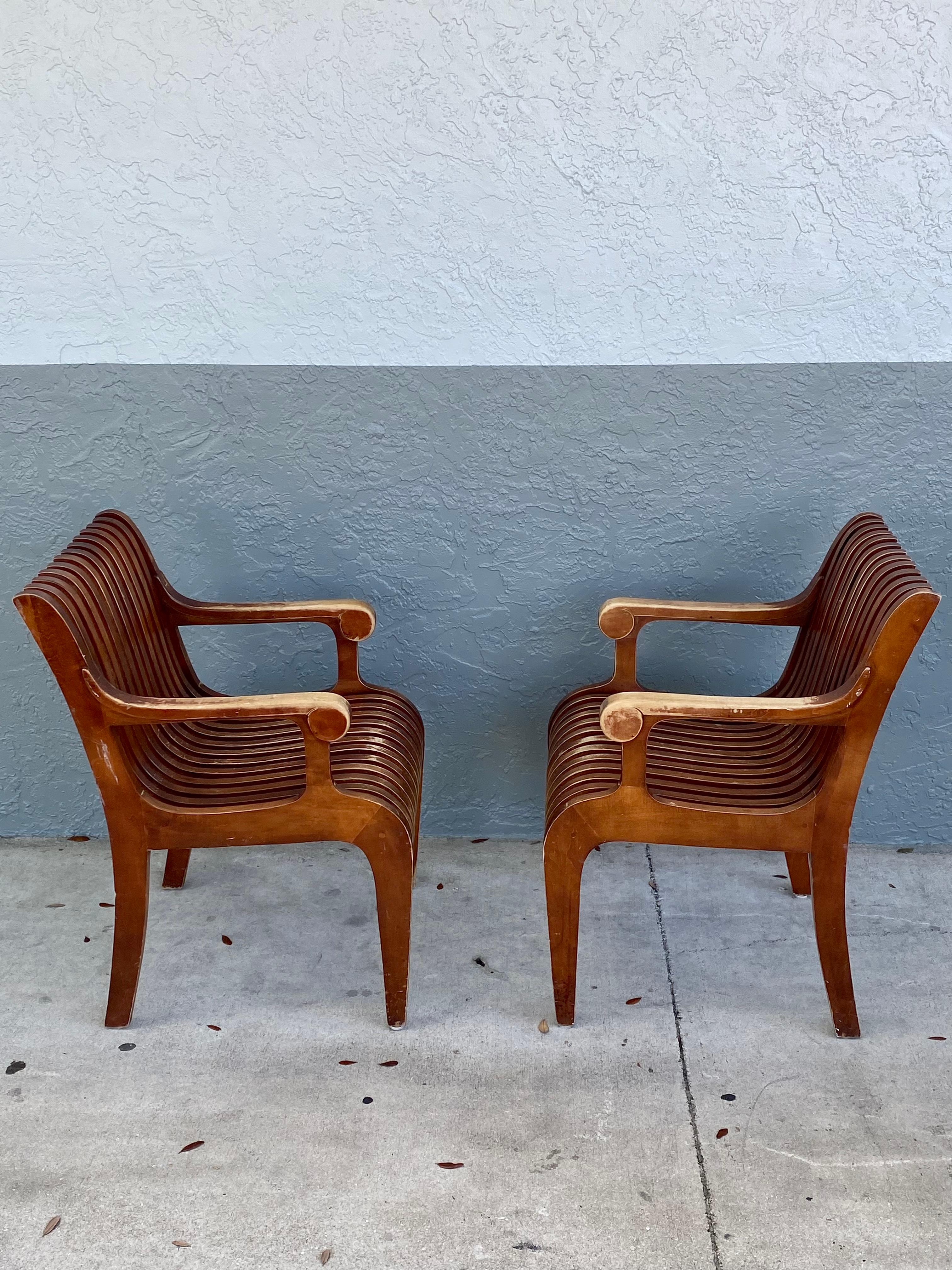 Mid-20th Century 1950s Sculptural Teak Curved Slatted Bentwood Scroll Armchairs, Set of 2 For Sale