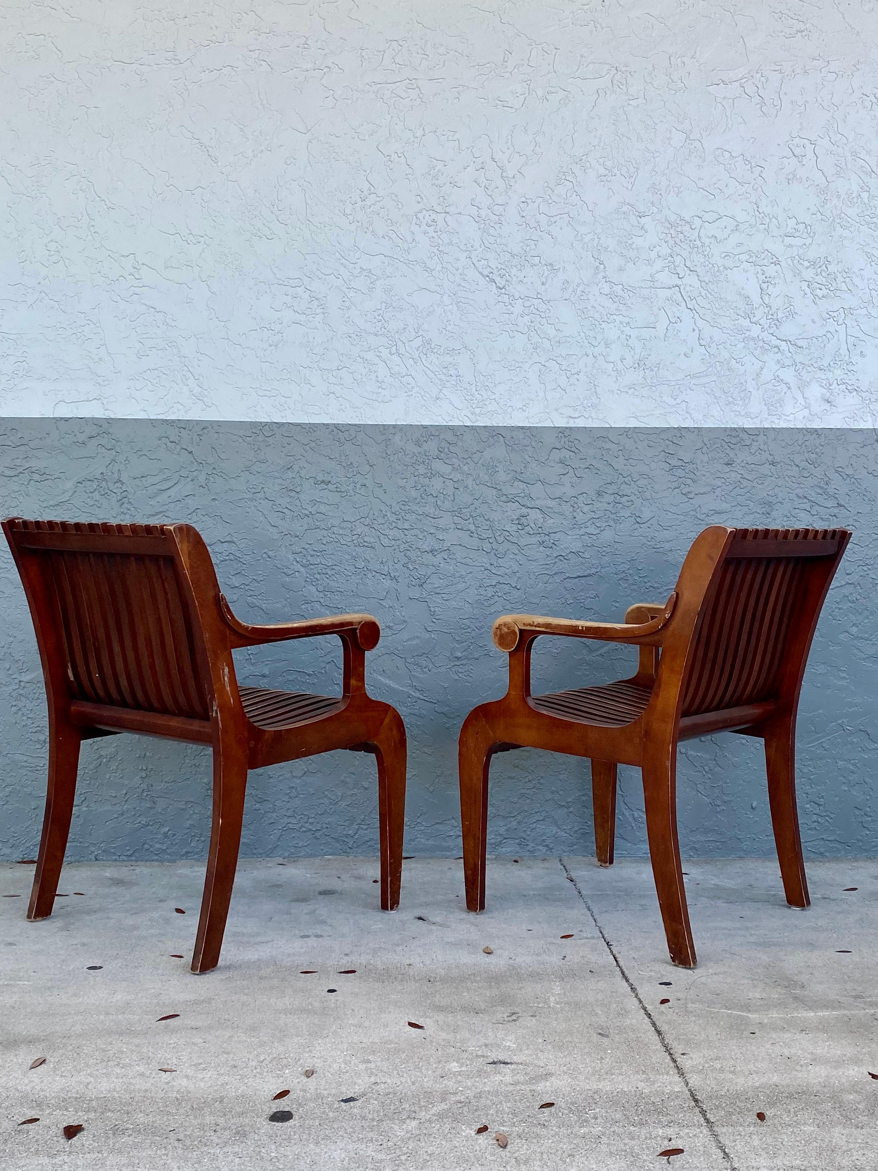 Wood 1950s Sculptural Teak Curved Slatted Bentwood Scroll Armchairs, Set of 2 For Sale