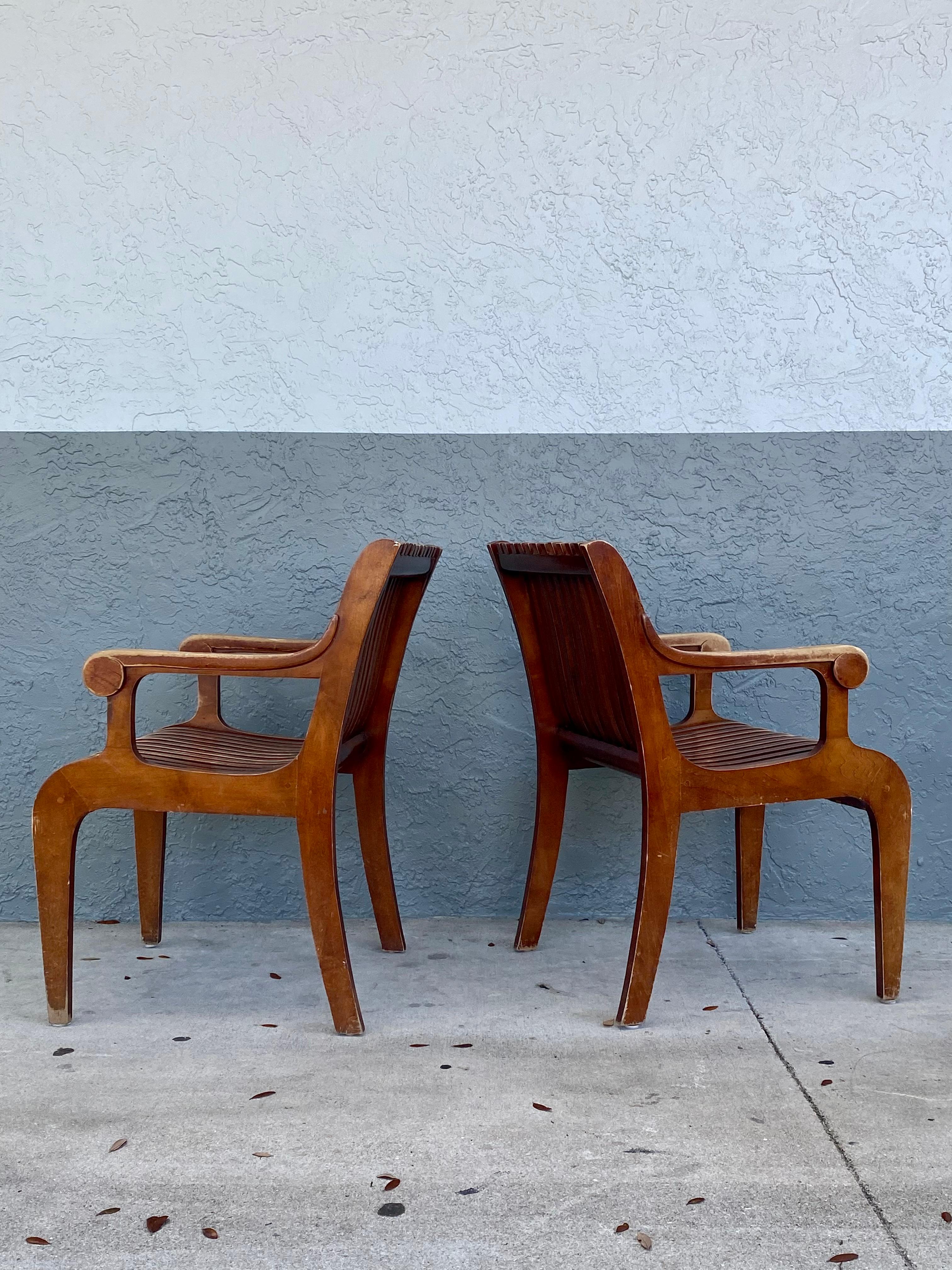 1950s Sculptural Teak Curved Slatted Bentwood Scroll Armchairs, Set of 2 For Sale 1