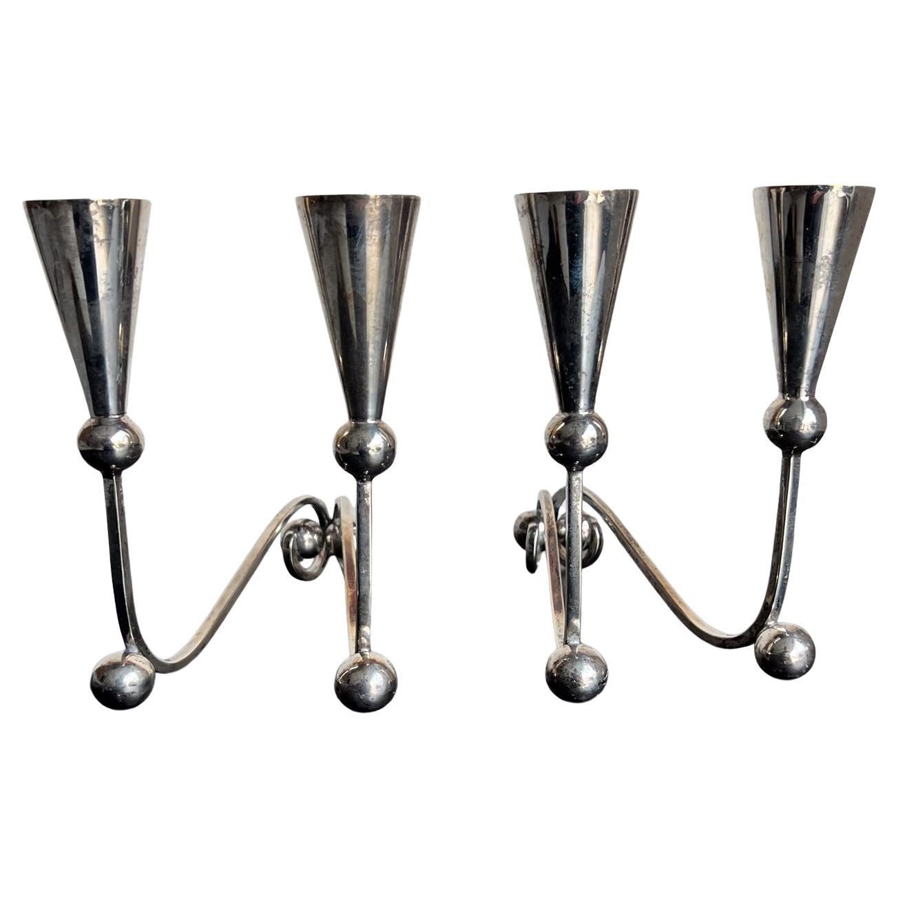1950s Sculptural Sterling Silver Candelabra Set Lopez Taxco Mexico en vente