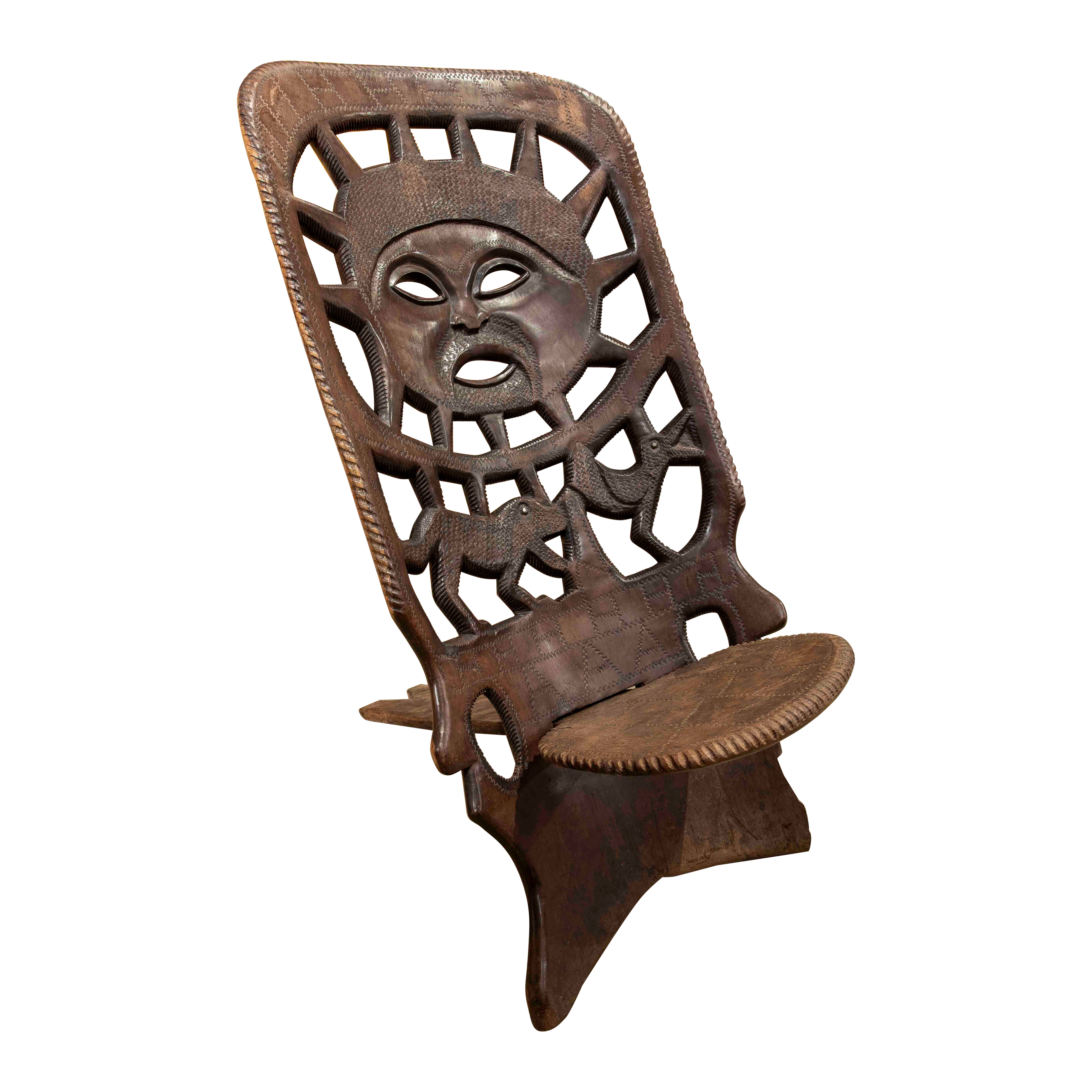 1950s Sculptural Wooden Chair with Tribal Design and Figurative Motifs