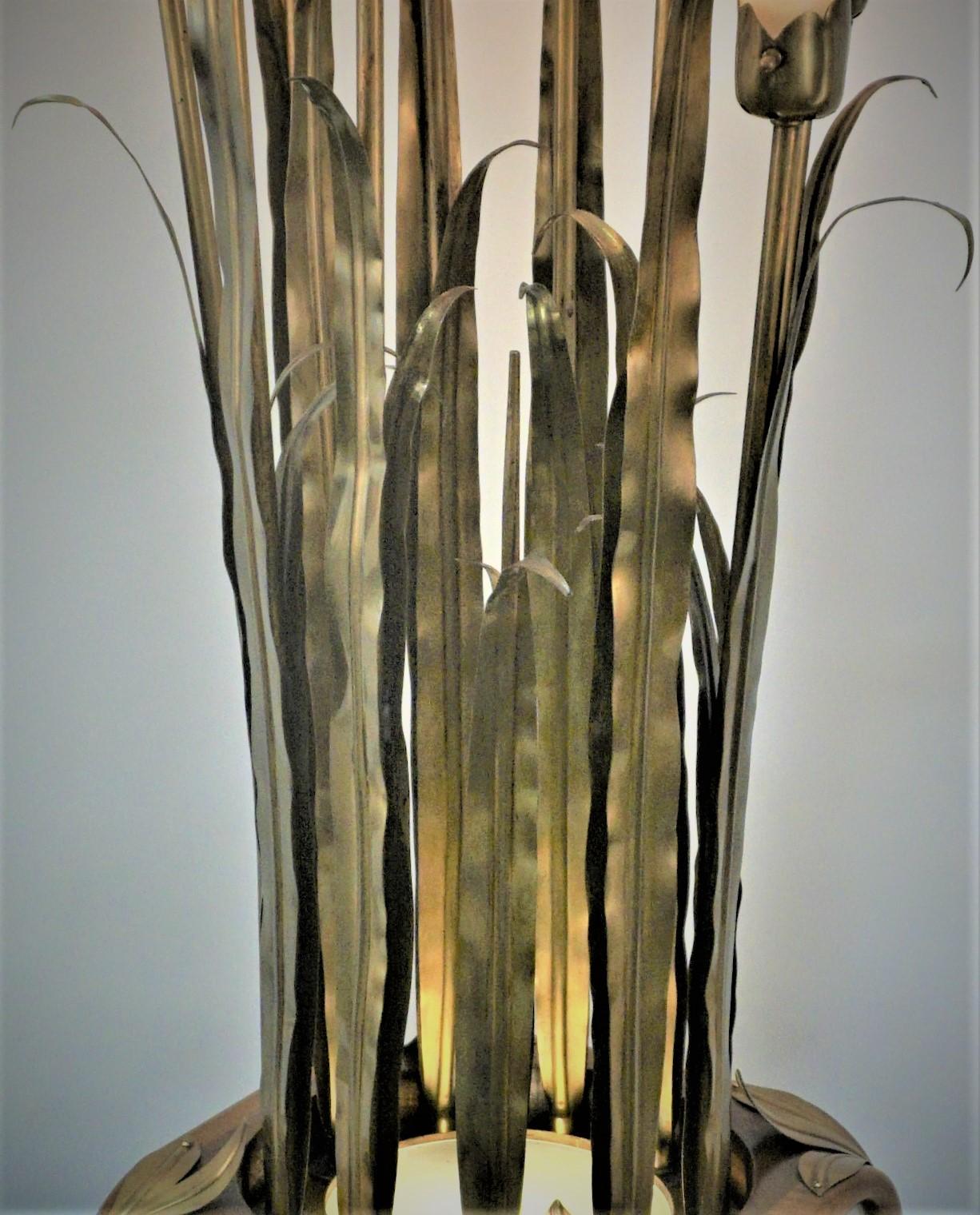 Glass 1950's Sculpture Bronze Cattail / Bulrush Table Lamp