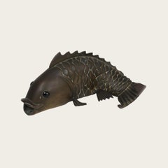1950s Sculpture of Solid Bronze Carp with Glass Eyes