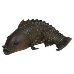1950s Sculpture of Solid Bronze Carp with Glass Eyes