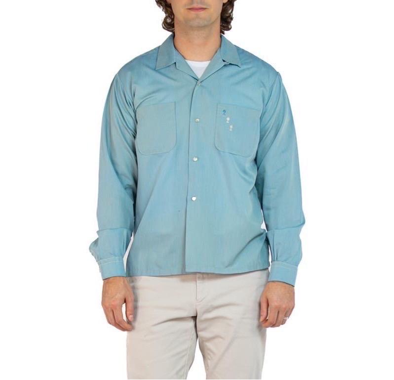 1950S Seafoam Green Cotton Blend Men's Long Sleeved Shirt With Hand-Embroidered Knights