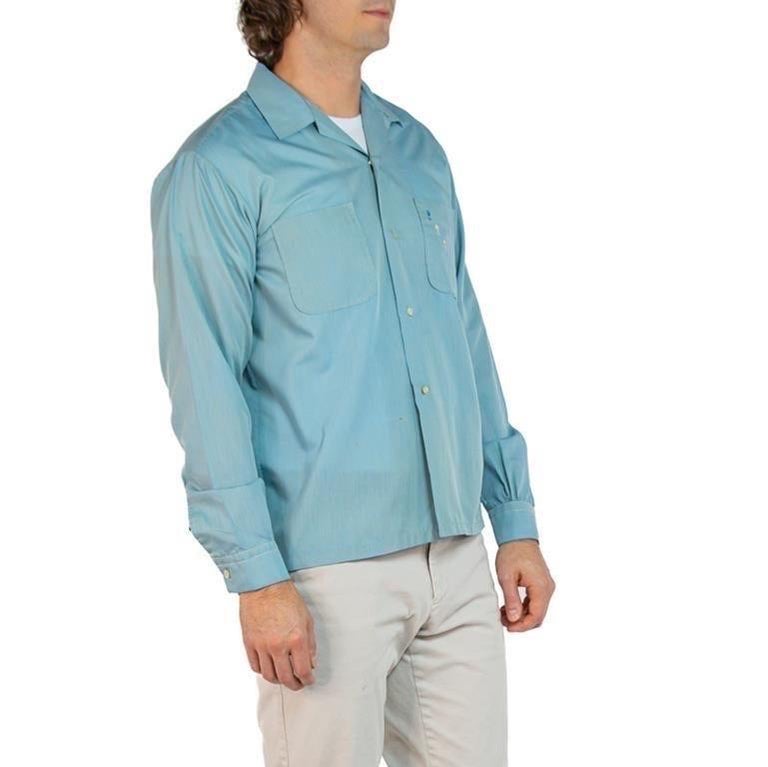 1950s Seafoam Green Cotton Blend Men's Long Sleeved Shirt with Hand-Embroidered