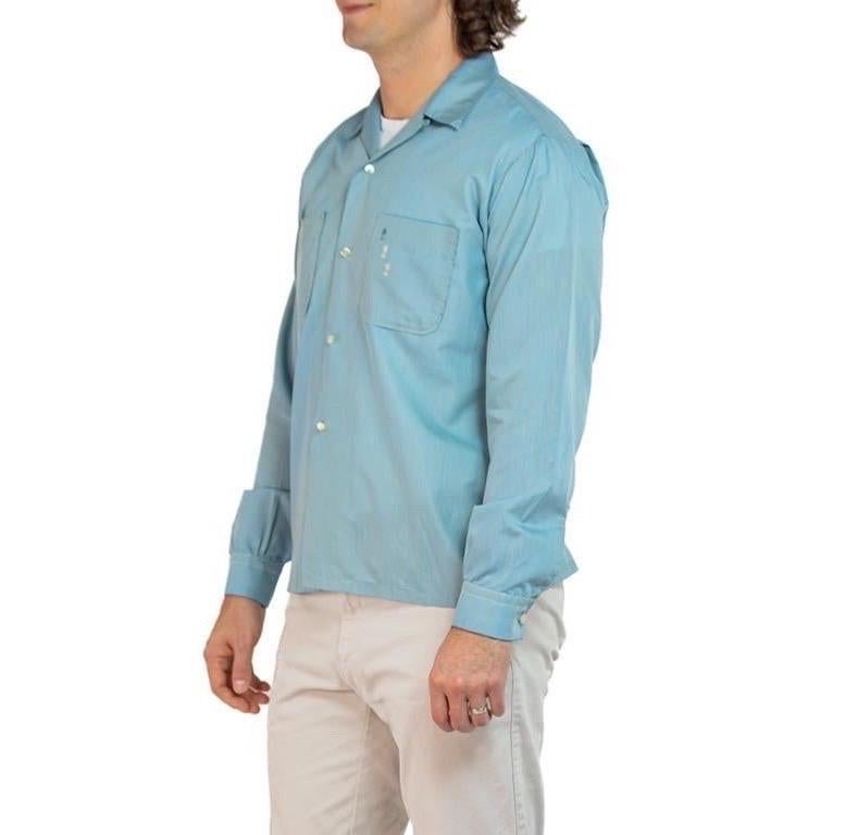 1950S Seafoam Green Cotton Blend Men's Long Sleeved Shirt With Hand-Embroidered For Sale 4