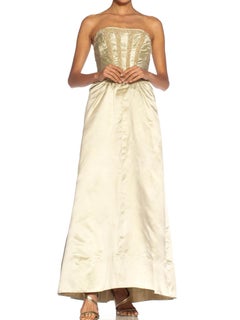 1950S Seafoam Haute Couture Silk Duchess Satin Beaded Strapless Gown