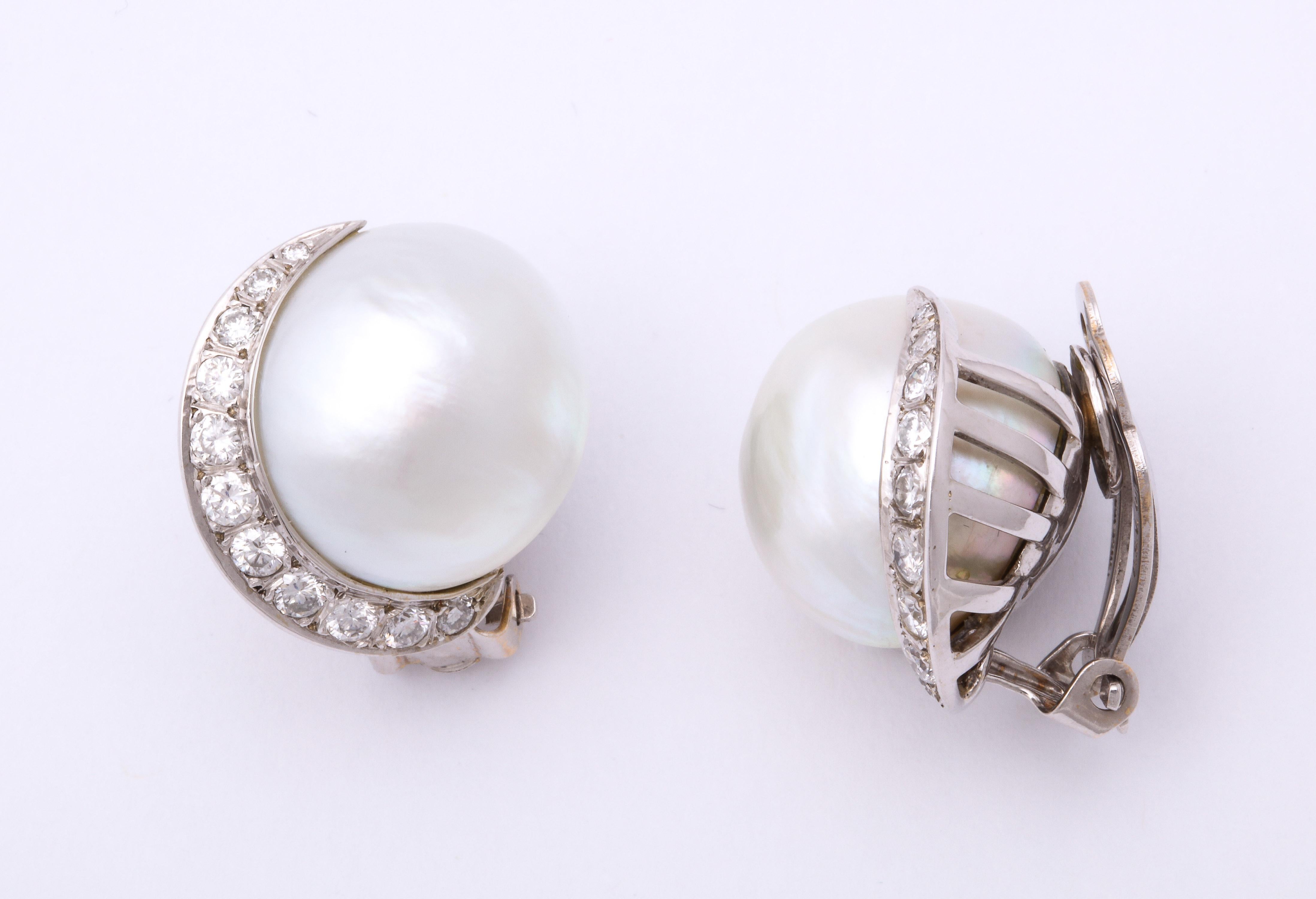 Round Cut 1950s Seaman Schepps Pearl with Diamonds Half Moon Shaped White Gold Earclips