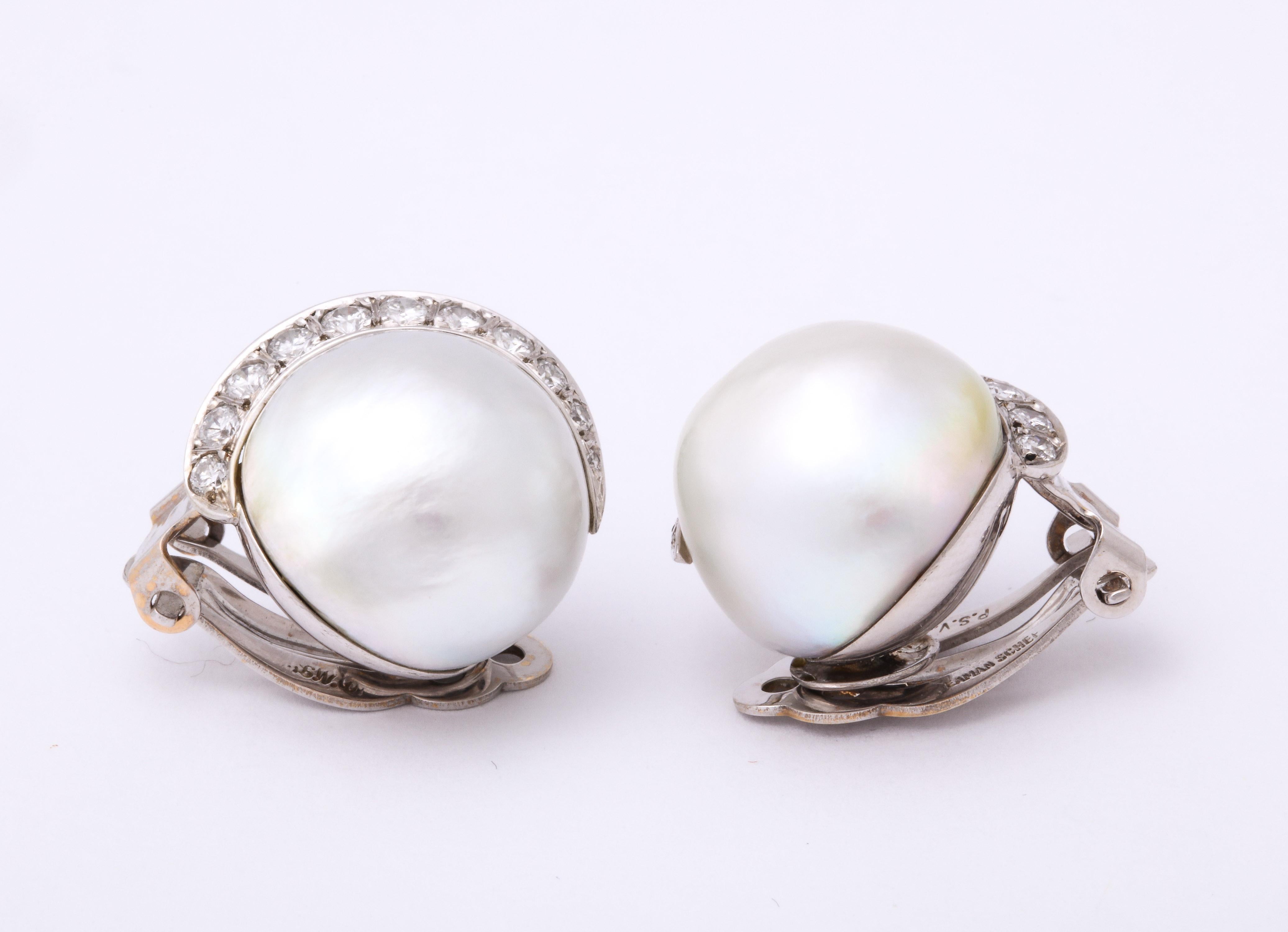 1950s Seaman Schepps Pearl with Diamonds Half Moon Shaped White Gold Earclips In Good Condition In New York, NY