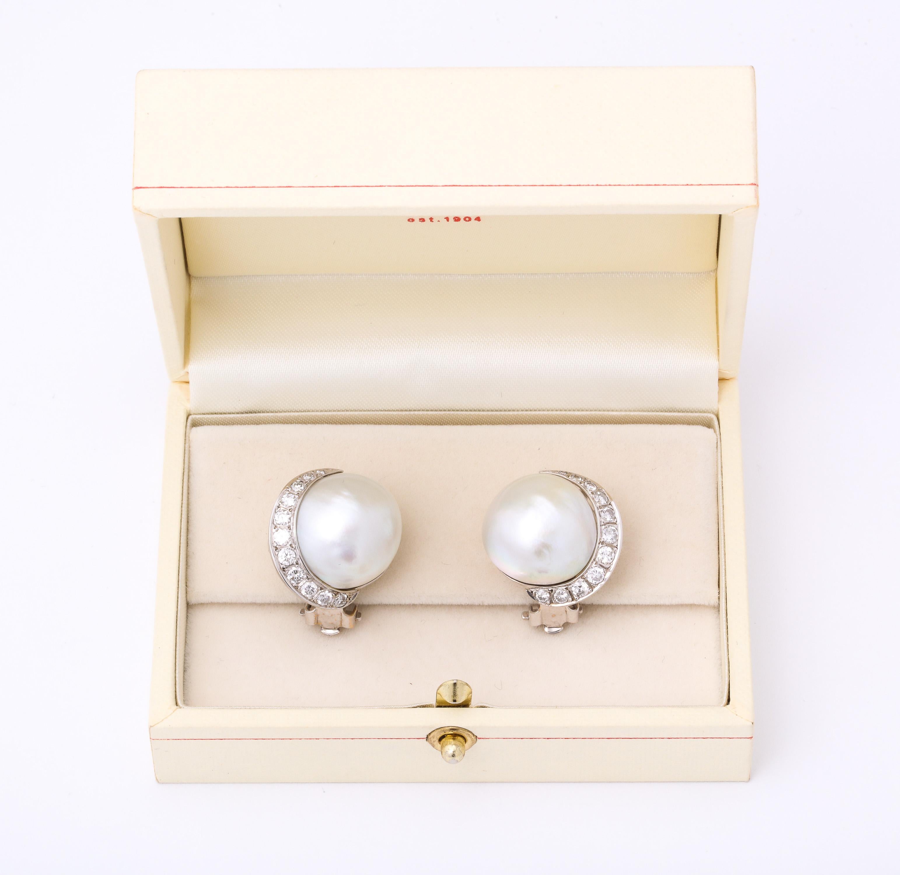 Women's 1950s Seaman Schepps Pearl with Diamonds Half Moon Shaped White Gold Earclips