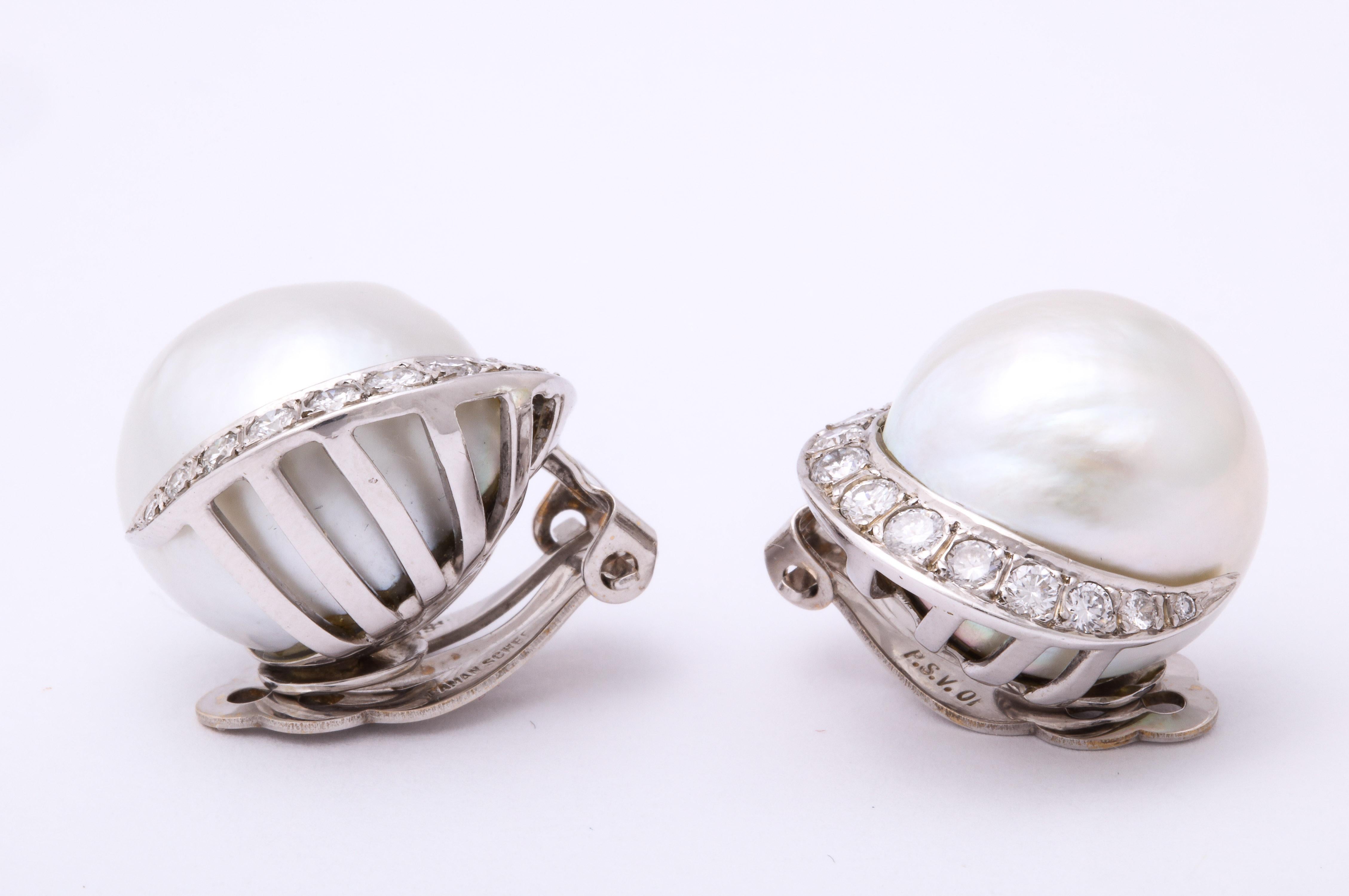 1950s Seaman Schepps Pearl with Diamonds Half Moon Shaped White Gold Earclips 1