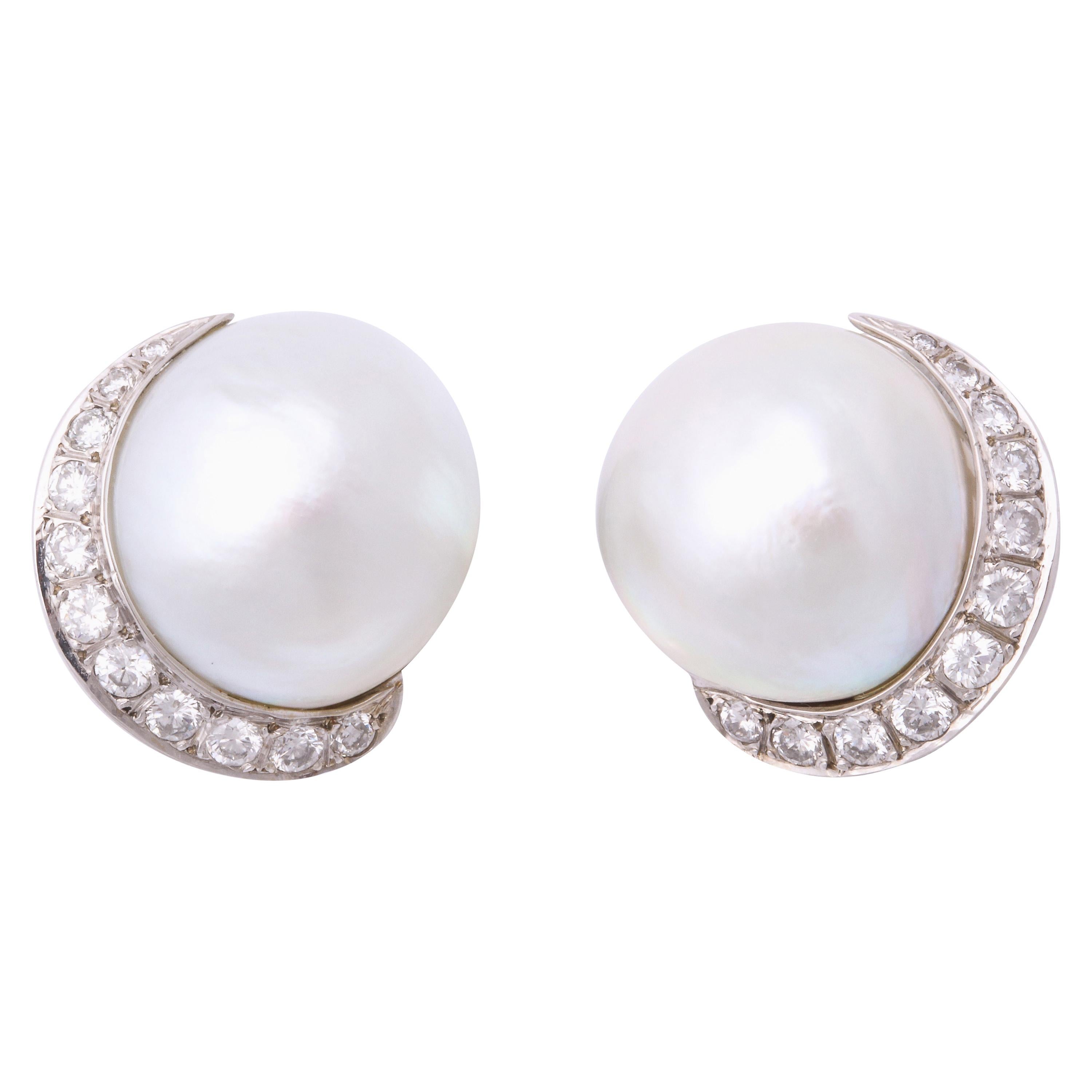 1950s Seaman Schepps Pearl with Diamonds Half Moon Shaped White Gold Earclips