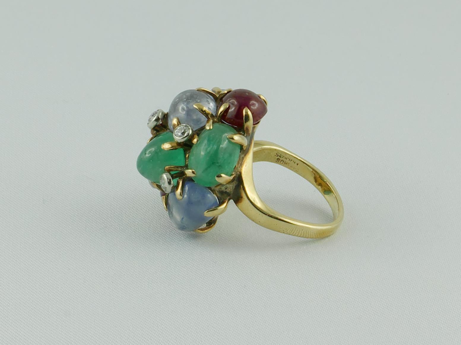 1950s Seaman Schepps Ring Ruby Emerald Sapphire Diamond 14 Karat Yellow Gold 1