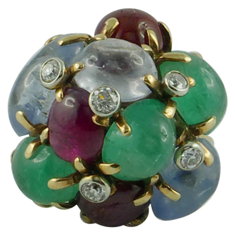 1950s Seaman Schepps Ring Ruby Emerald Sapphire Diamond 14 Karat Yellow Gold