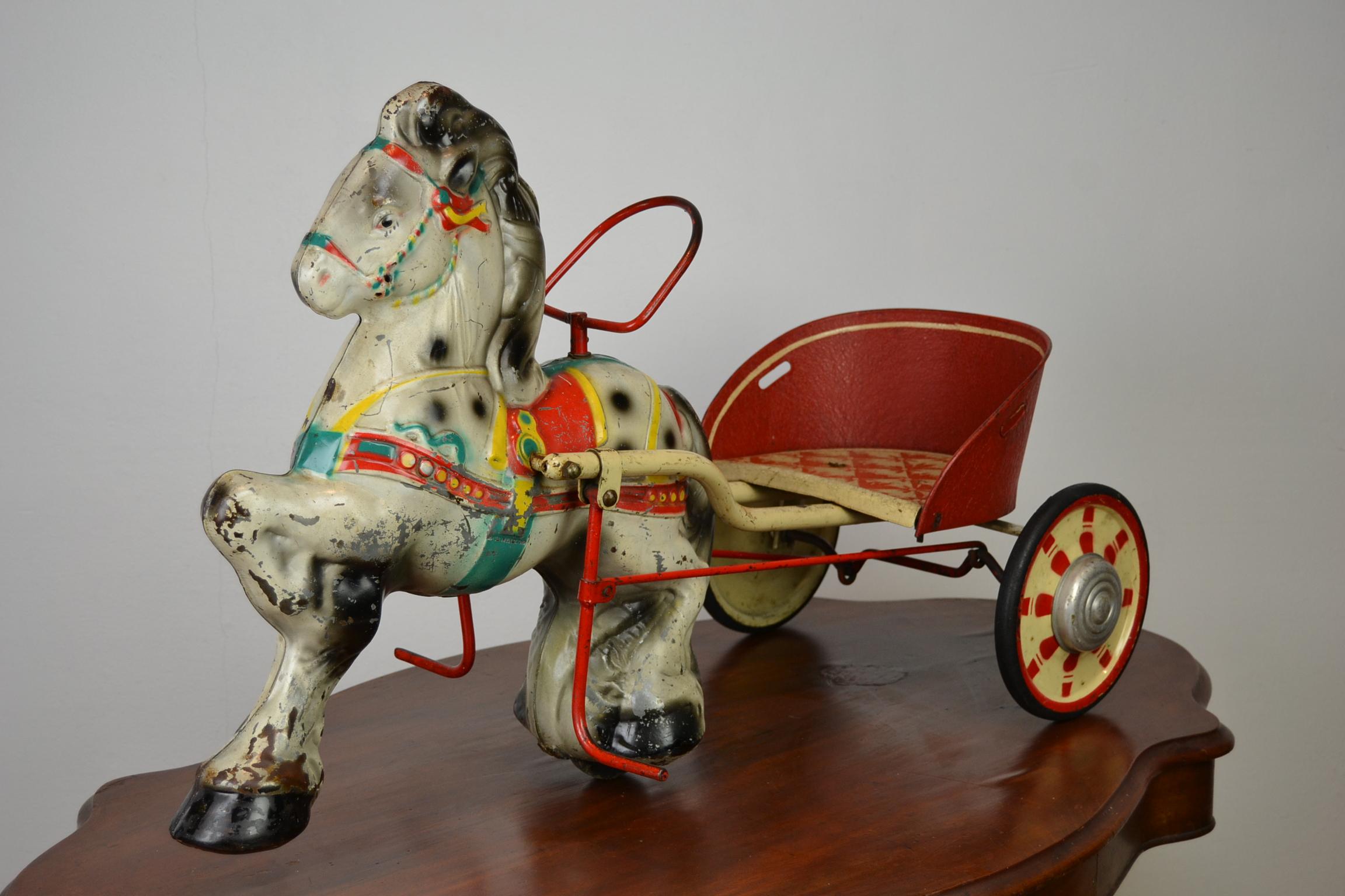 Metal 1950s Sebel Mobo Toys Pony Express Pedal Toy, Pressed Steel, U.K. For Sale