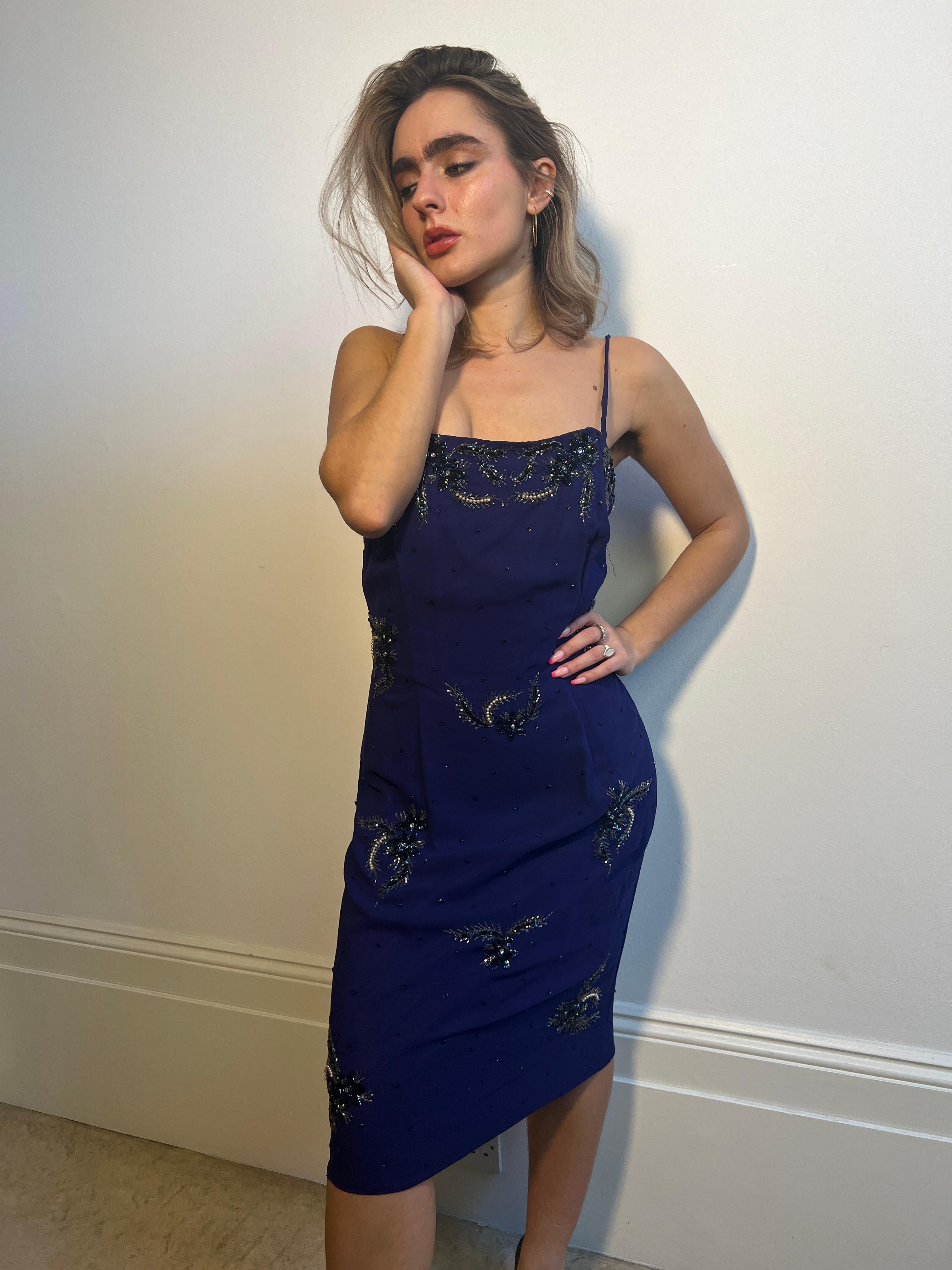 Selfridges Mitternachtsblaues Chiffon-Perlenkleid aus den 1950er Jahren im Angebot 1