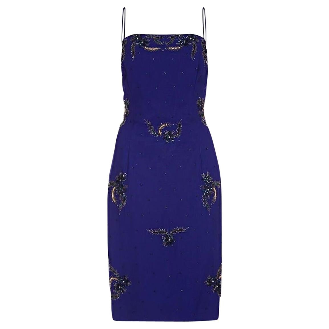 1950s Selfridges Midnight Blue Chiffon Beaded Dress For Sale