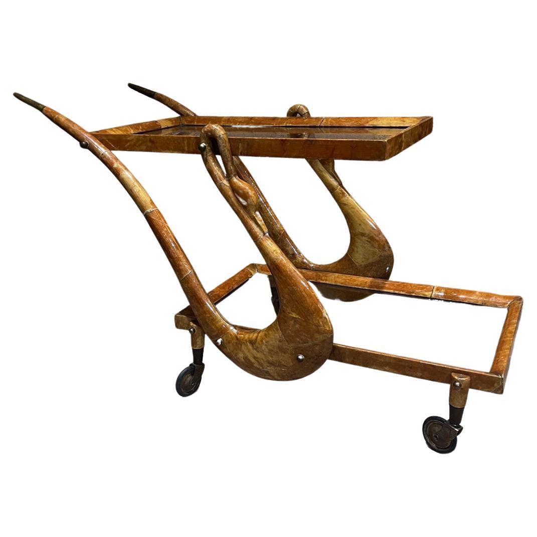 1950s Sensational Aldo Tura Service Cart Italian Wood Brass For Sale