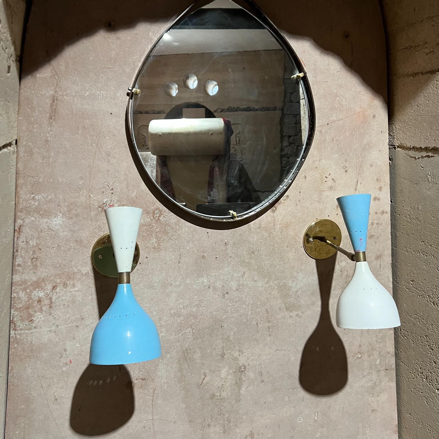 1950s Sensational Stilnovo Wall Sconces Double Cone Blue and White + Brass Italy 4