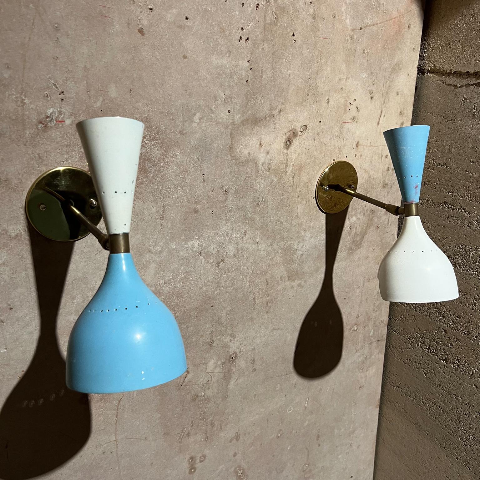 1950s Sensational Stilnovo Wall Sconces Double Cone Blue and White + Brass Italy 6