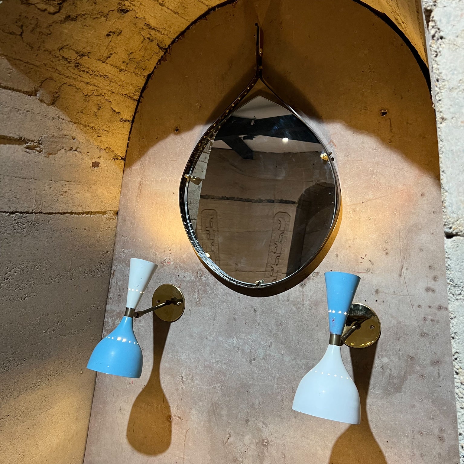1950s Sensational Vintage lamps Blue and White with Brass Double Cone Wall Sconces from ITALY
Unmarked, attribution Stilnovo.
11.25 tall x 5 w x 8 d
Preowned unrestored original vintage condition.
Please refer to images provided.
 