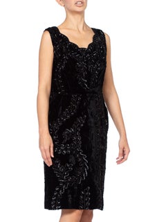 1950S Black Rayon Blend Velvet Sequin Beaded Cocktail Dress
