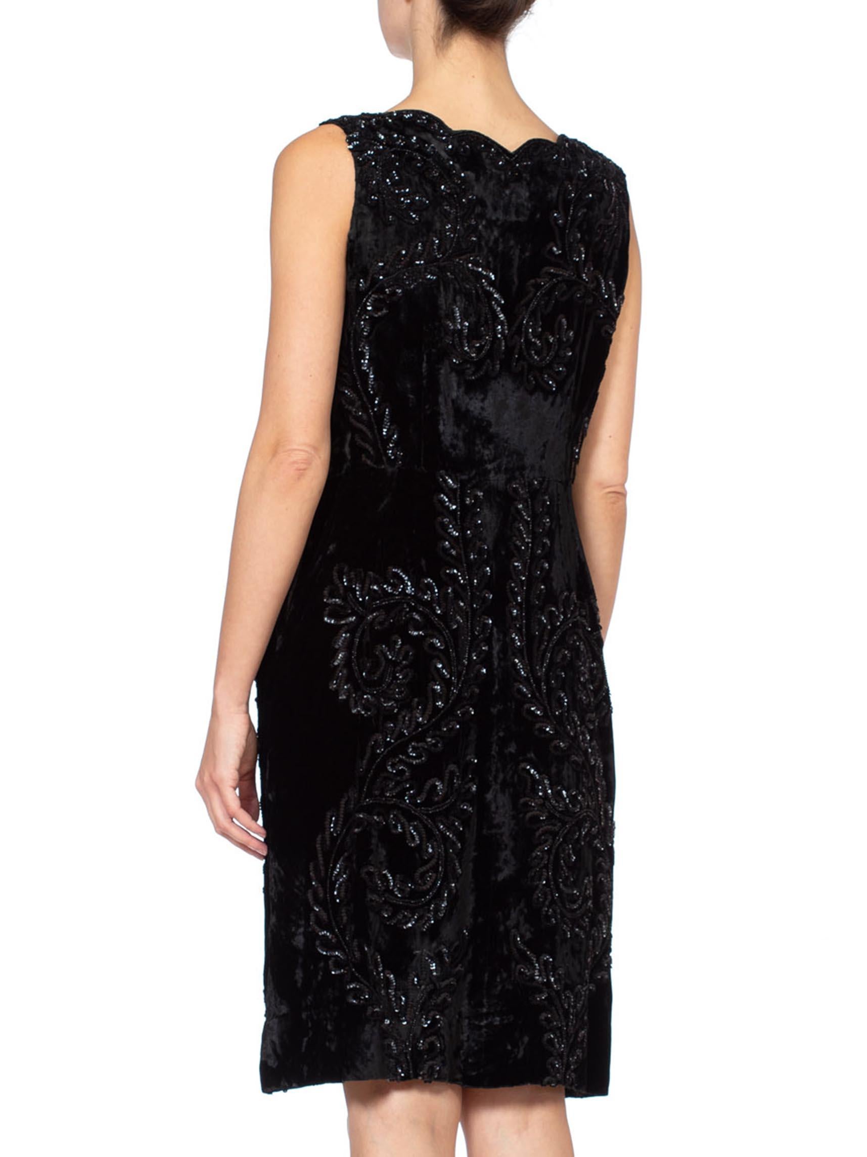 Women's 1950S Black Rayon Blend Velvet Sequin Beaded Cocktail Dress For Sale